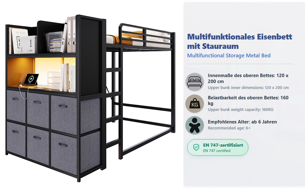 Lit mezzanine 120×200 cm - Structure métal - Échelle - Rangement latéral - Tiroirs tissu - LED - Chargeur - Noir 1
