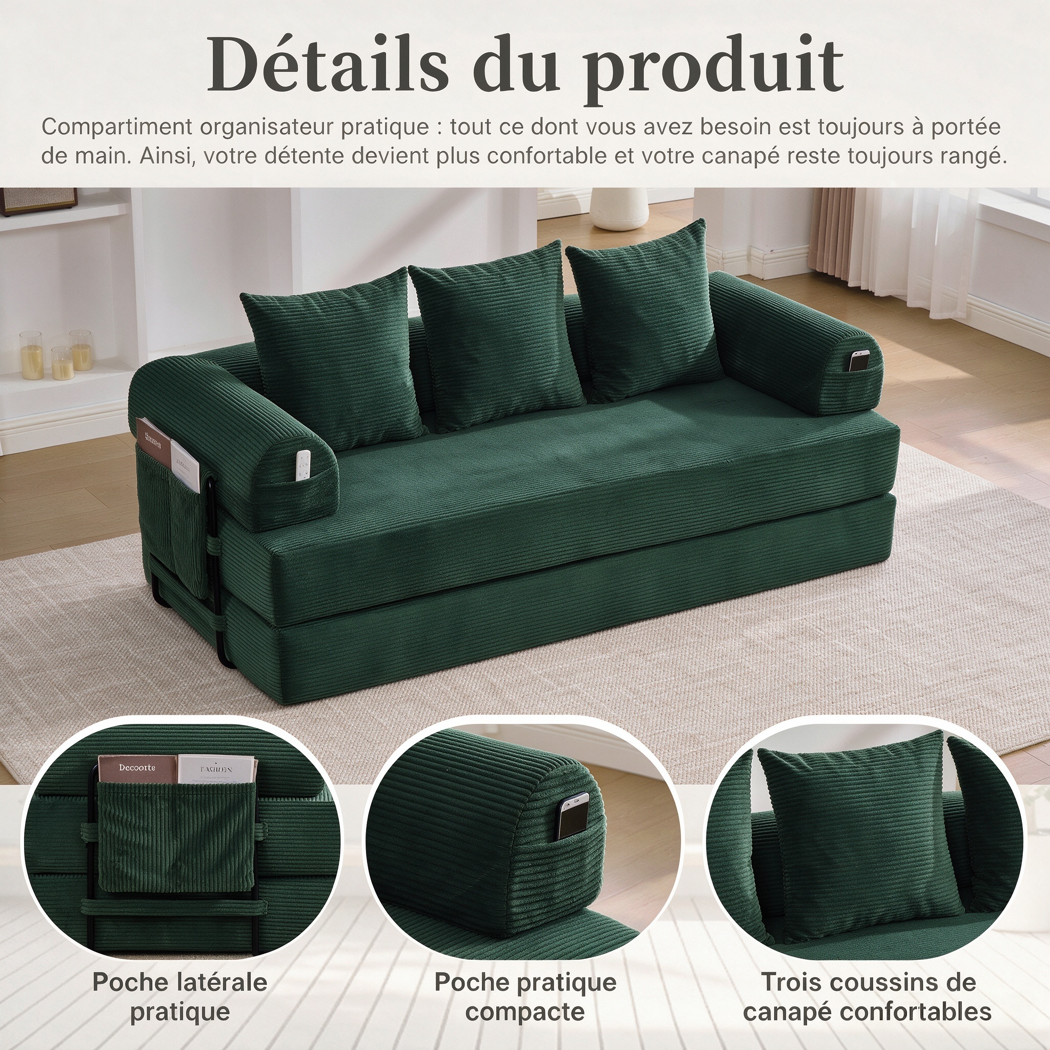 Canapé compressible émeraude en corduroy avec 3 coussins et métal - vue 3