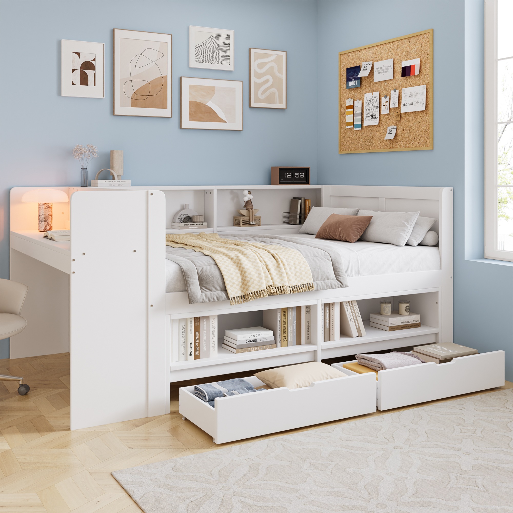 Lit Enfant Combiné Blanc - 2 Tiroirs, Bureau Intégré, Rangement Intégré, Sommier à Lattes - Bois - 240×140×100cm - Chambre Enfant 6