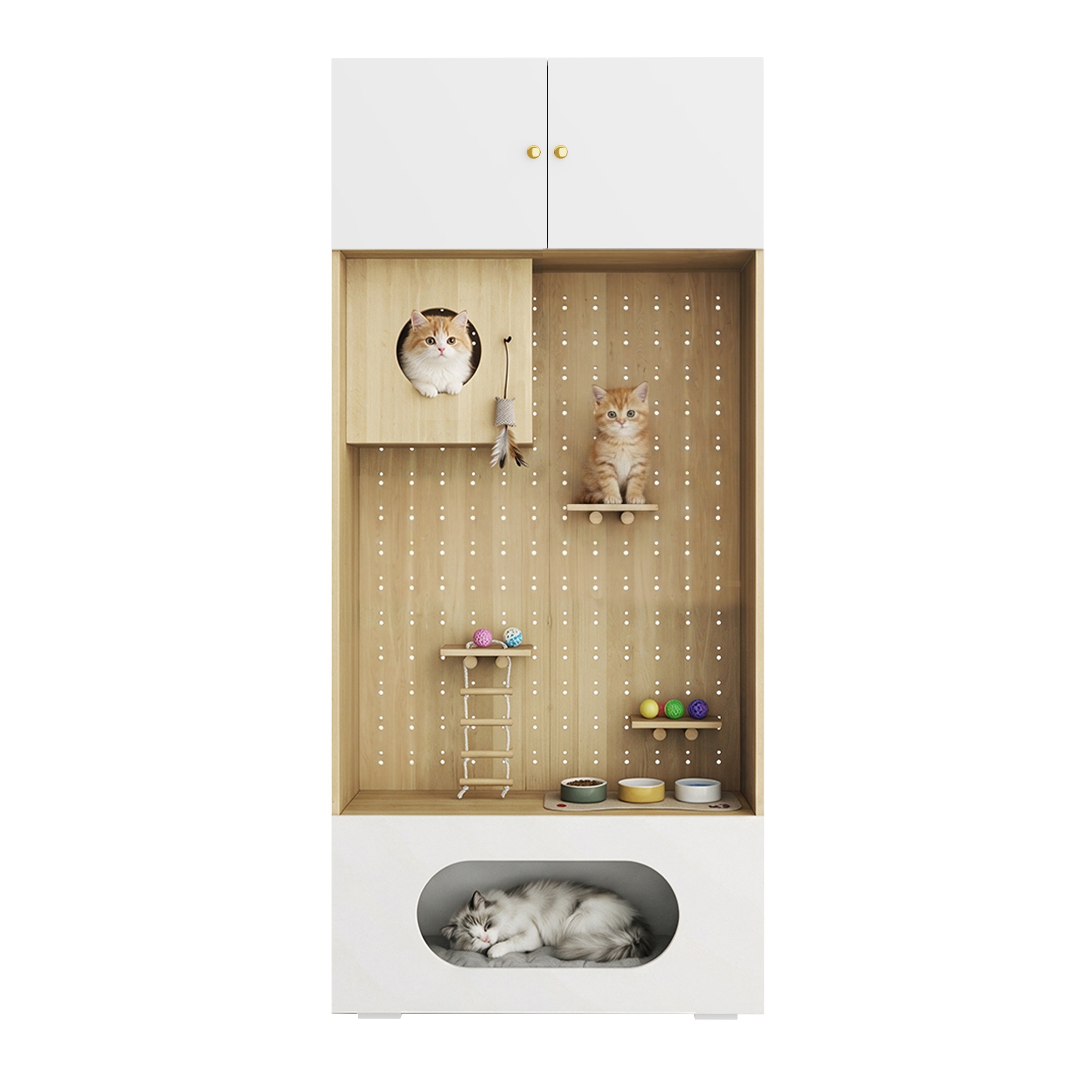 Armoire pour Chat Blanc et Bois, Mur d Escalade, Cachette Chat, Coussin Doux, Rangement - Particules et Bois - 90x50x200cm - Maison 2