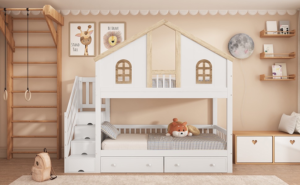Lit superposé enfant 90×200 cm - Design maison - Escalier de rangement - Tiroirs - Barrière de sécurité - Bois - Blanc et naturel 4