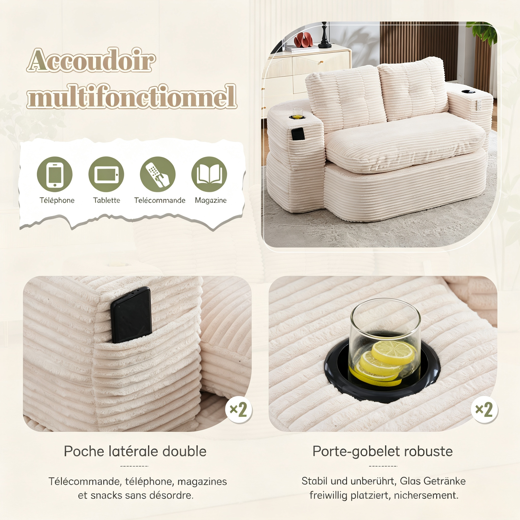 Fauteuil-lit 2-en-1 en corduroy beige avec repose-bras réglable - vue 4