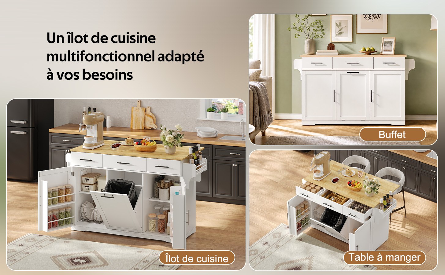 Îlot central de cuisine Blanc, vue 3