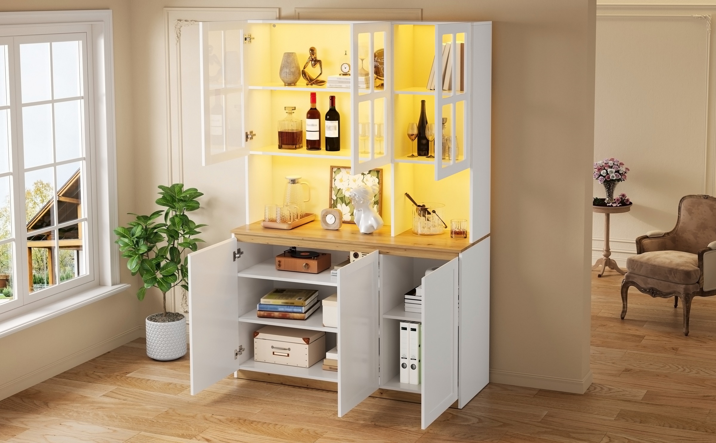 Vitrine Haute Blanc et Chêne - Éclairage LED, Portes, Étagères, Portes en Verre, Fermeture Douce, Rangement à Vin - MDF et Verre 3