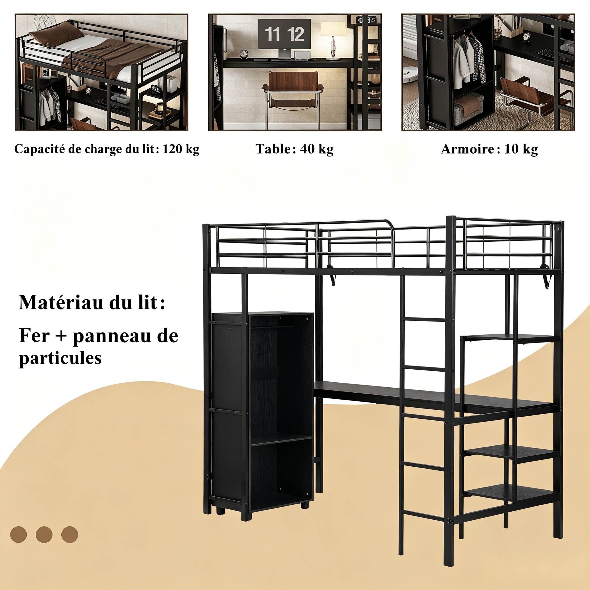 Lit mezzanine en fer noir avec bureau, placard et étagères, 90x200 cm 5