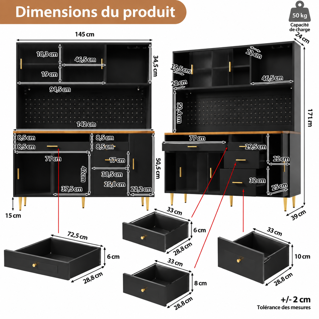 Détails du meuble haut avec rangement verre et LED