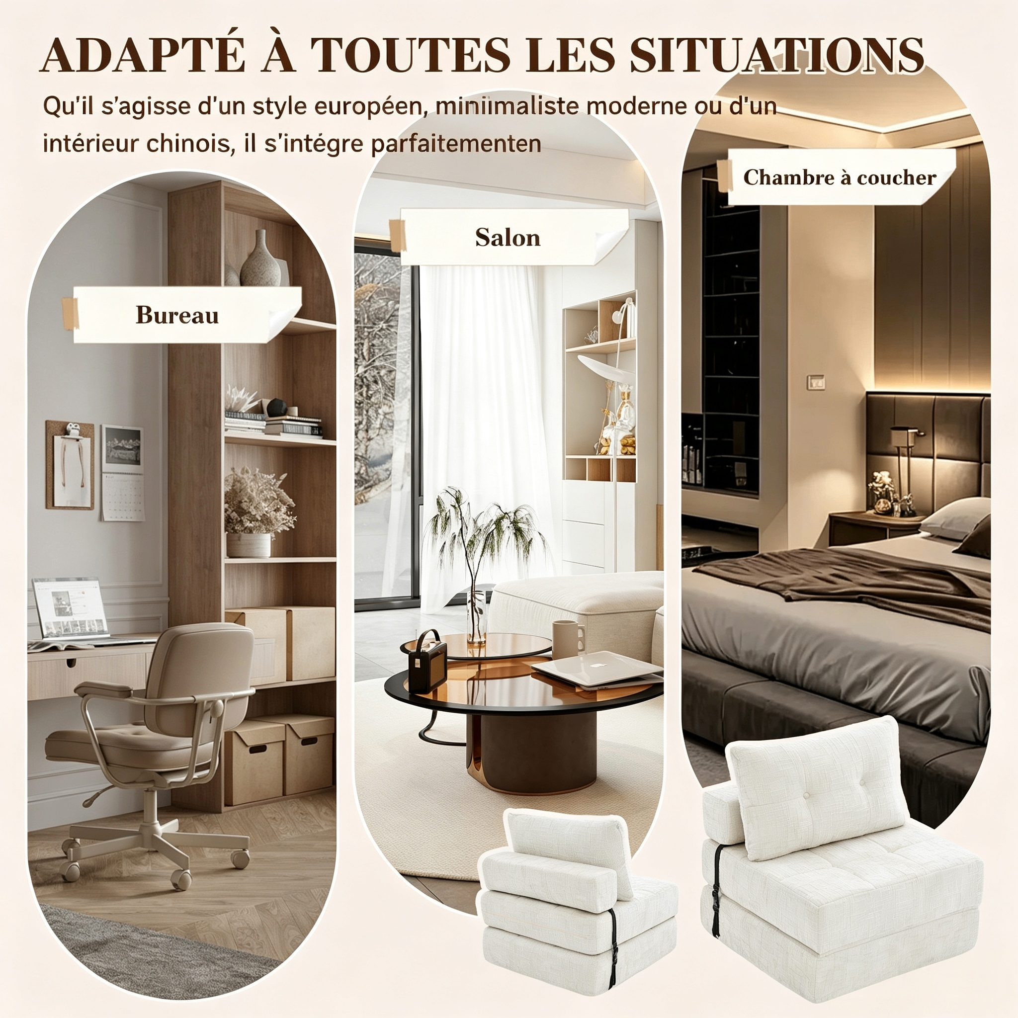 Canapé-lit pliable beige en chenille avec coussin 79x79x57 cm - vue 3