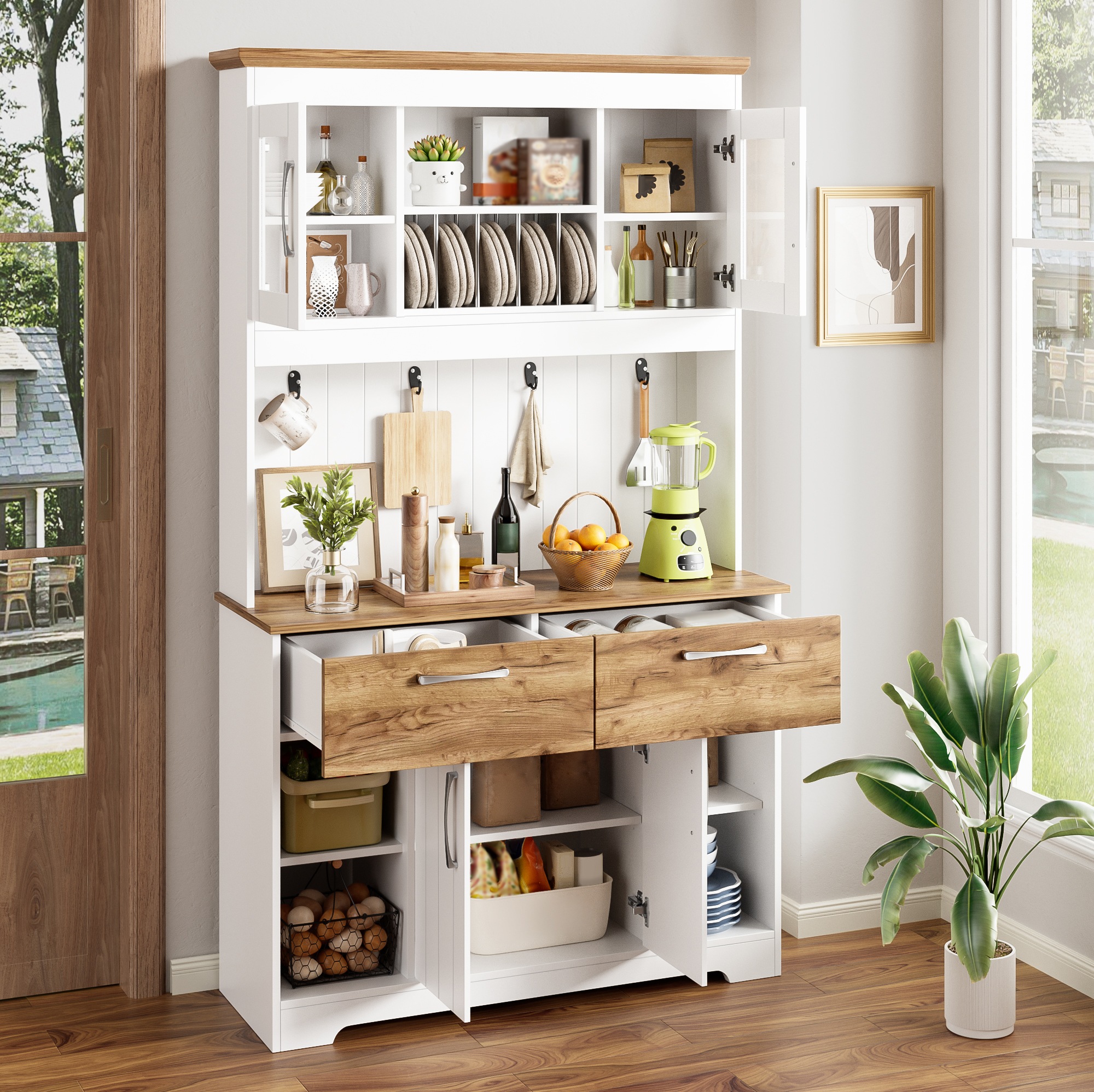 Vitrine Bois Naturel et Blanc - 2 Tiroirs, Portes, Étagères, Portes en Verre - Panneaux de Particules - 106×39×176.5cm 3