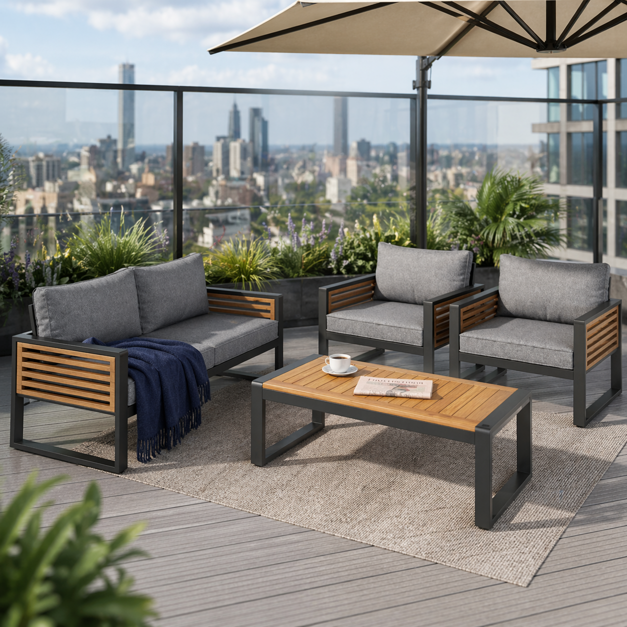Salon de jardin 8 places gris antique bois
