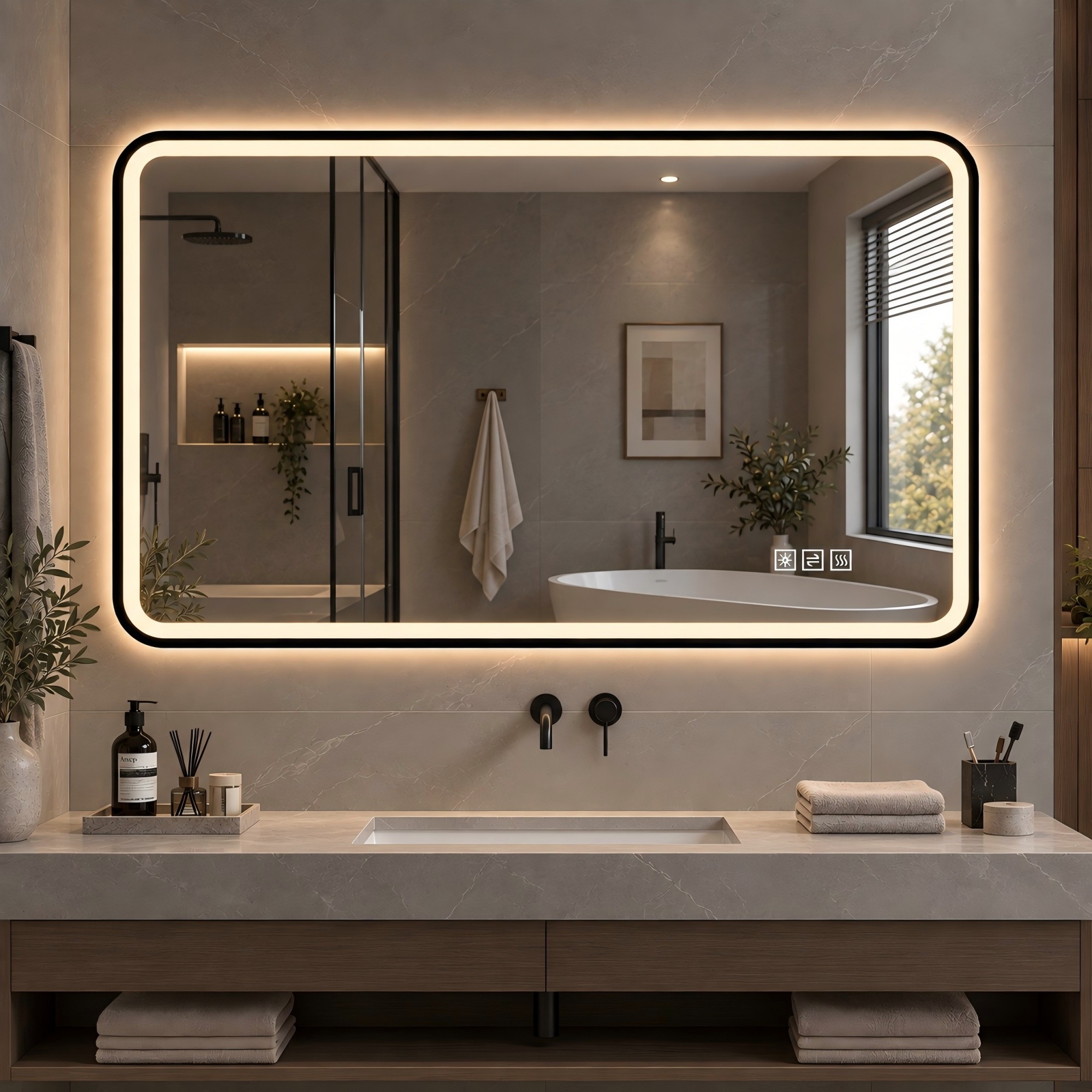 Miroir de Salle de Bain Noir, Cadre Aluminium, Éclairage LED, Anti-Buée, IP44 - Aluminium et Verre - 90x70x4cm - Salle de Bain 2