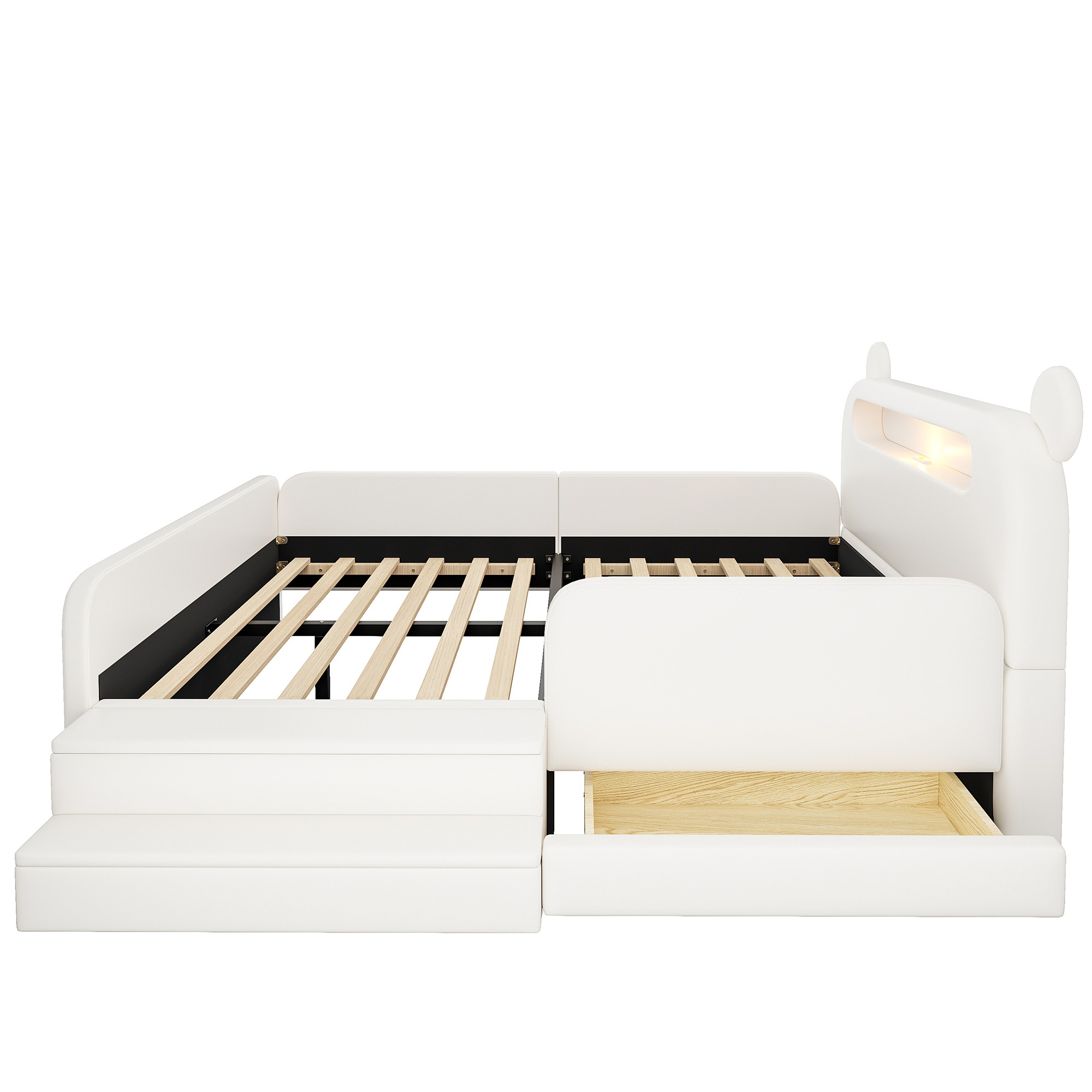 Lit enfant 140×200 cm - Tête de lit Ours - Veilleuse - USB - Rangement intégré - Marche d appoint - Simili cuir - Blanc 6