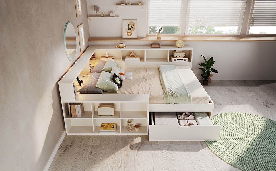 Lit coffre 140×190 cm - Rangement sous lit - Lampe de lecture - USB Type-C - Tiroirs - Étagère ouverte - Bois - Blanc 4