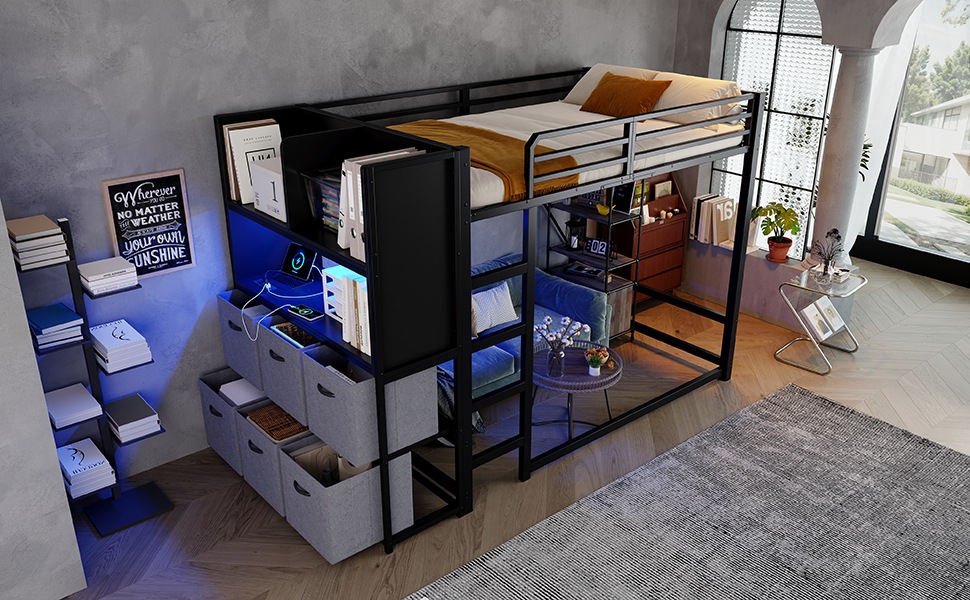 Lit mezzanine 120×200 cm - Structure métal - Échelle - Rangement latéral - Tiroirs tissu - LED - Chargeur - Noir 2
