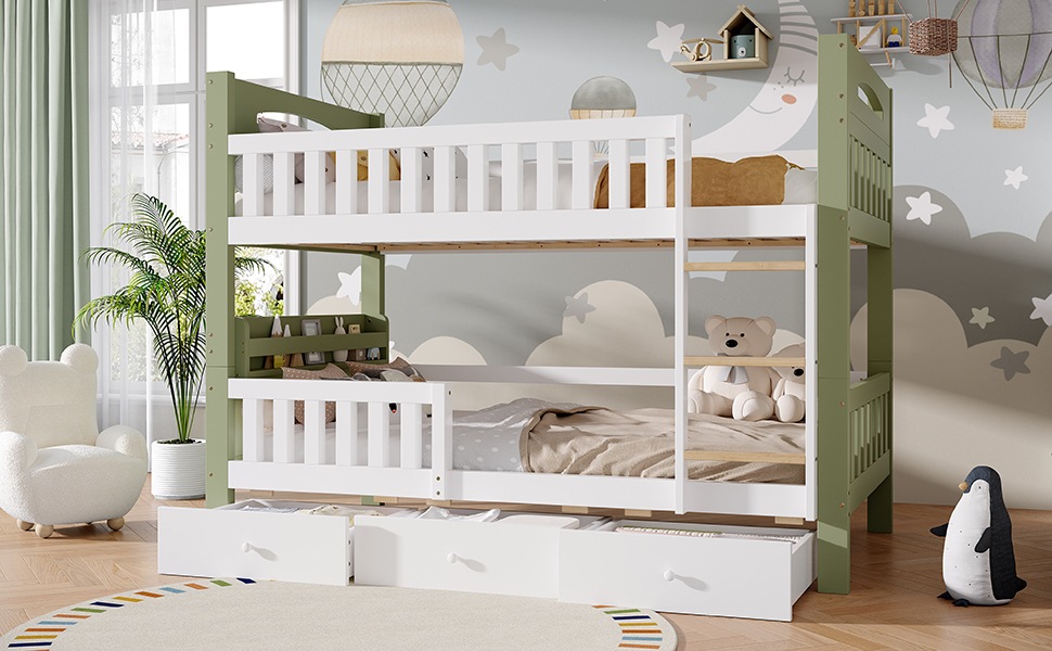 Lit superposé enfant 90×200 cm - Structure bois - Échelle - Barrière sécurité - Étagère latérale - 3 Tiroirs - Blanc et vert 5