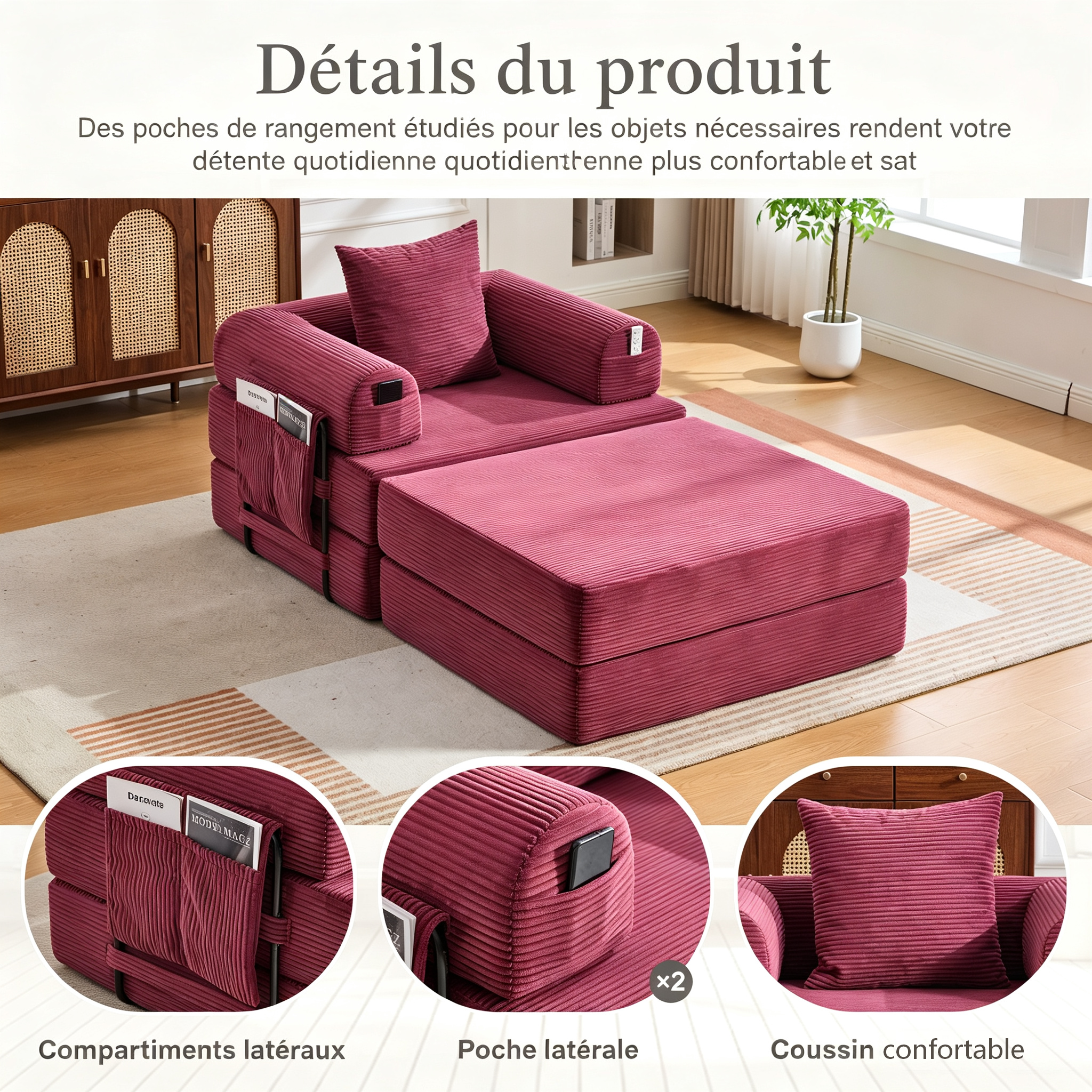 Fauteuil compressible rouge vin en corduroy avec pouf et métal - vue 4