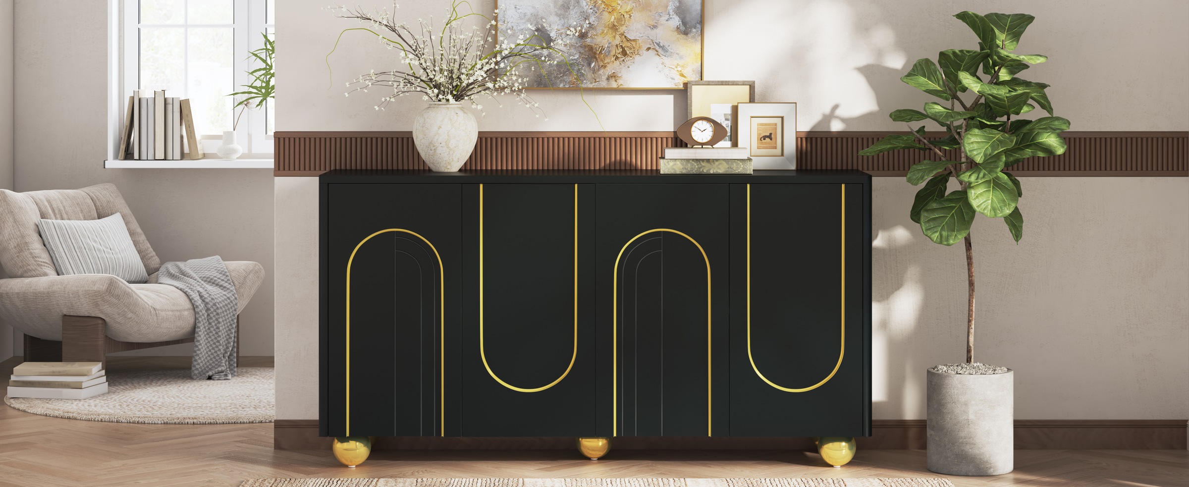 Buffet Noir - 4 Portes, Étagères, Fermeture Douce - MDF et Panneaux de Particules - 140×40×74cm - Salon et Salle à Manger 1