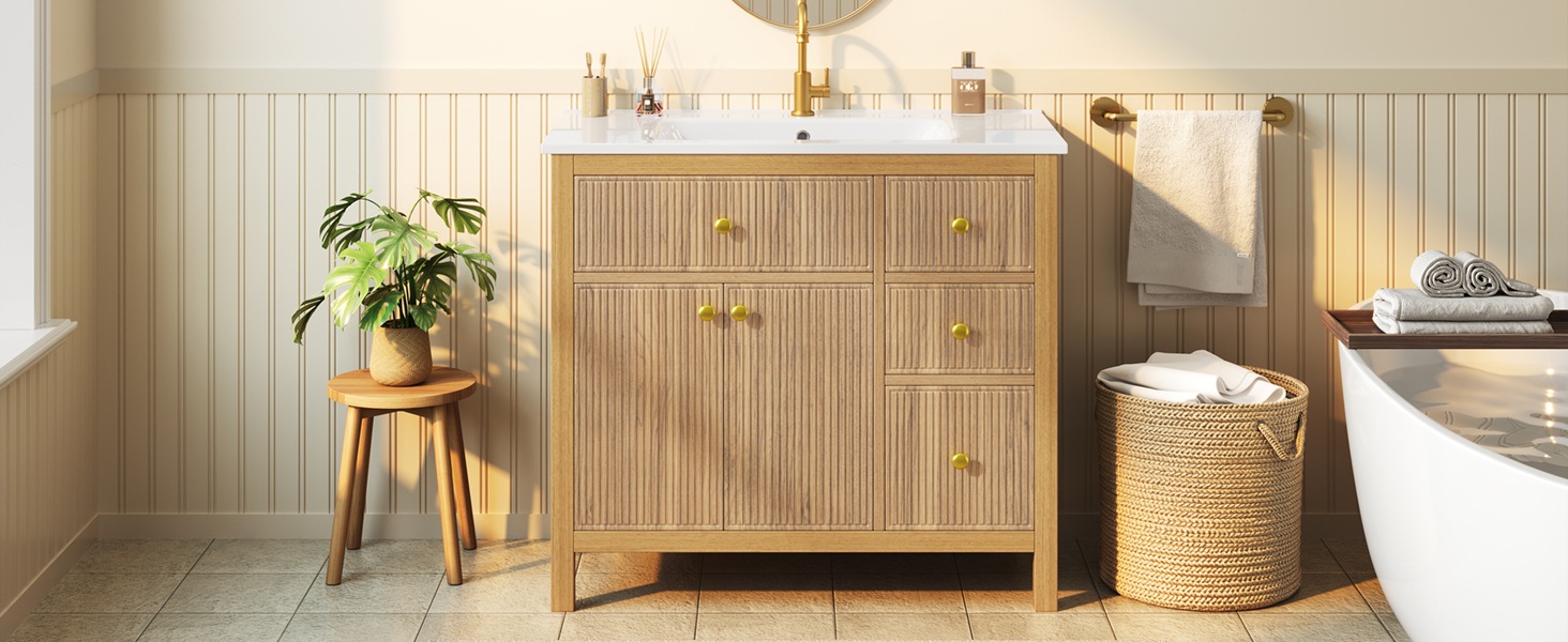 Meuble Vasque Bois Naturel - Lavabo en Céramique Intégré, 4 Tiroirs, 2 Portes - Céramique, Bois Massif et MDF - 91×48×88cm 4