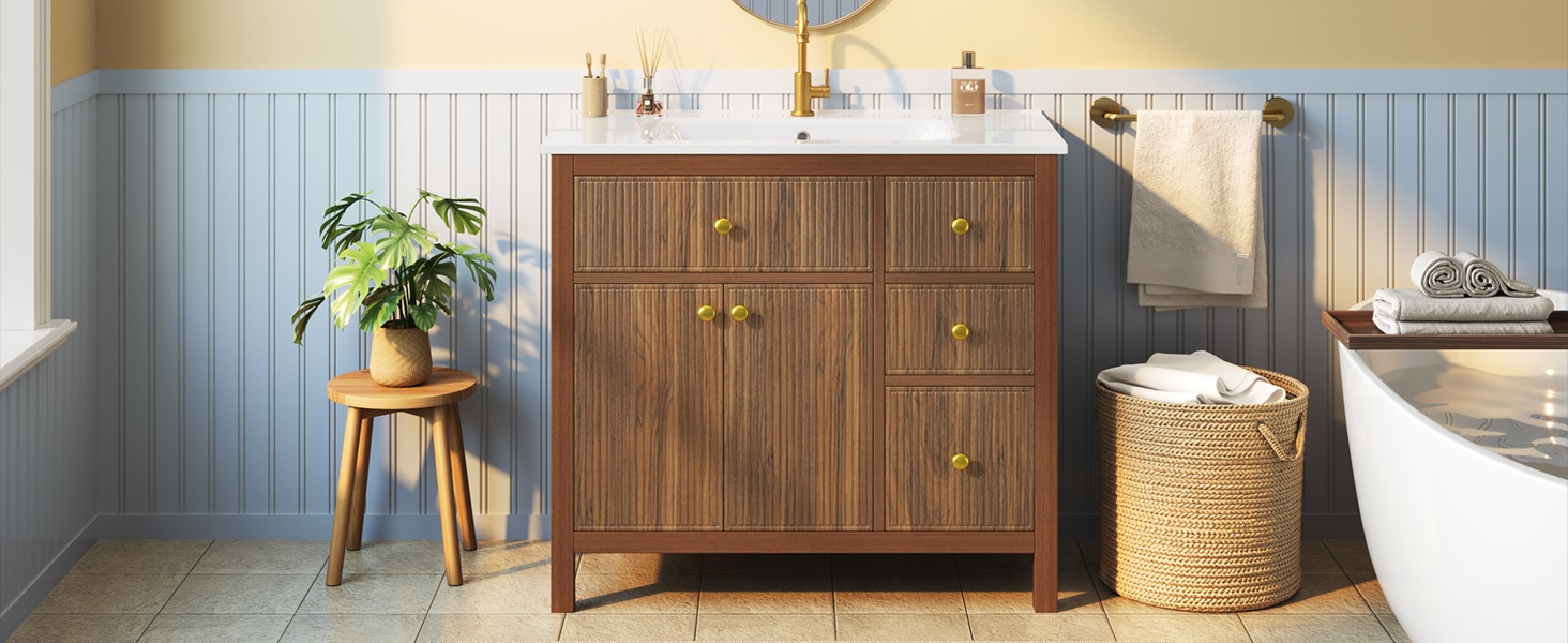 Meuble de Salle de Bain Noyer, Rangement, Fermeture Douce, Plan Relevable - MDF et Bois - 91x48x88cm - Salle de Bain 4