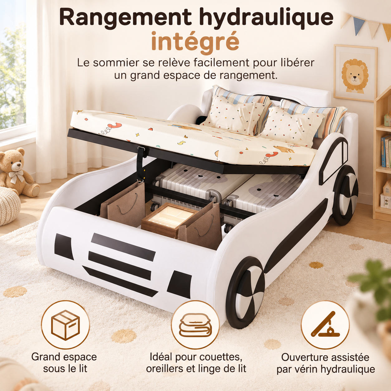 Schéma du lit voiture enfant blanc 90 x 200 cm