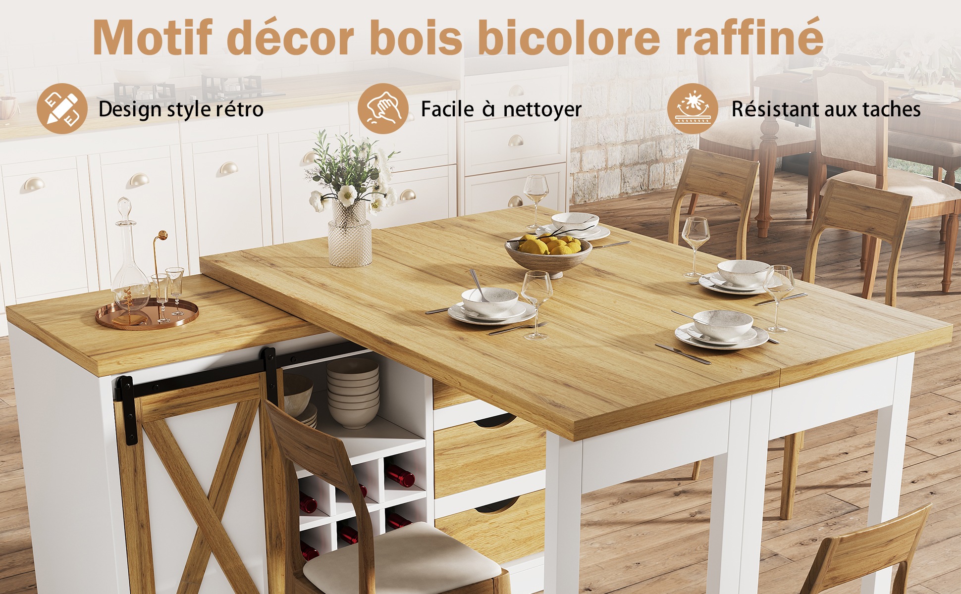 Îlot Central Blanc, Rangement, Étagères Réglables, Plan Relevable, Extensible - MDF - 120x40x72cm - Cuisine 1
