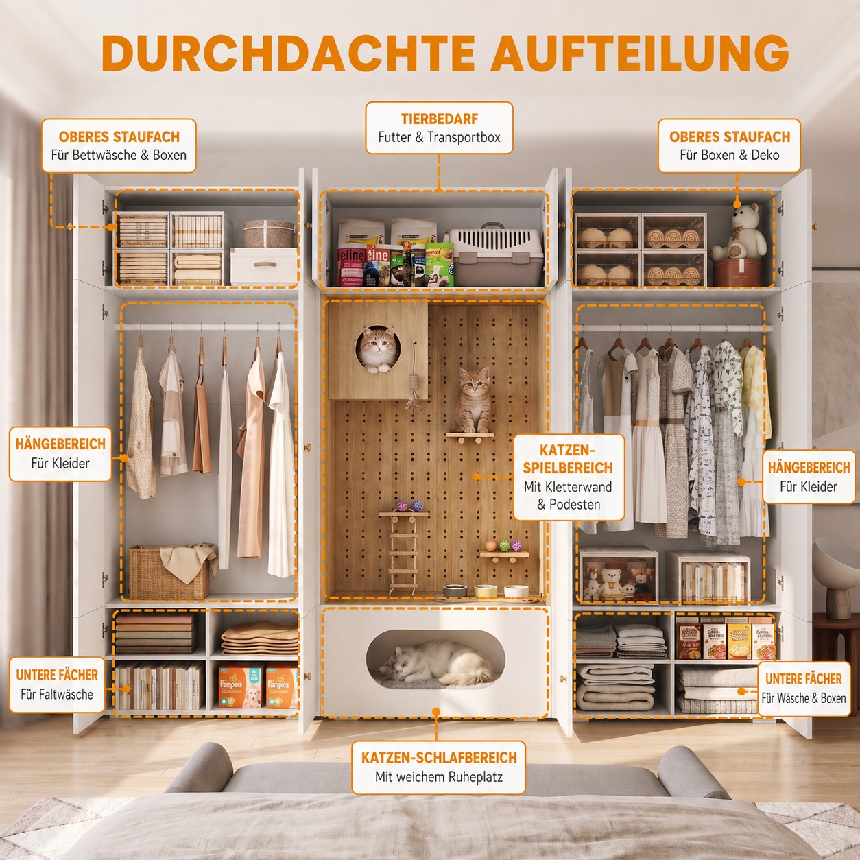 Armoire pour Chat Blanc et Bois, Mur d Escalade, Cachette Chat, Coussin Doux, Rangement - Particules et Bois - 270x50x200cm - Maison 4
