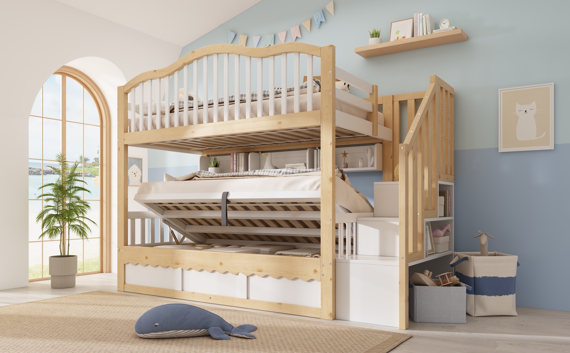 Lit superposé enfant 90×200 cm - Rangement hydraulique - Escalier sécurisé - Étagère - Barrière anti-chute - Bois - Blanc et chêne 6