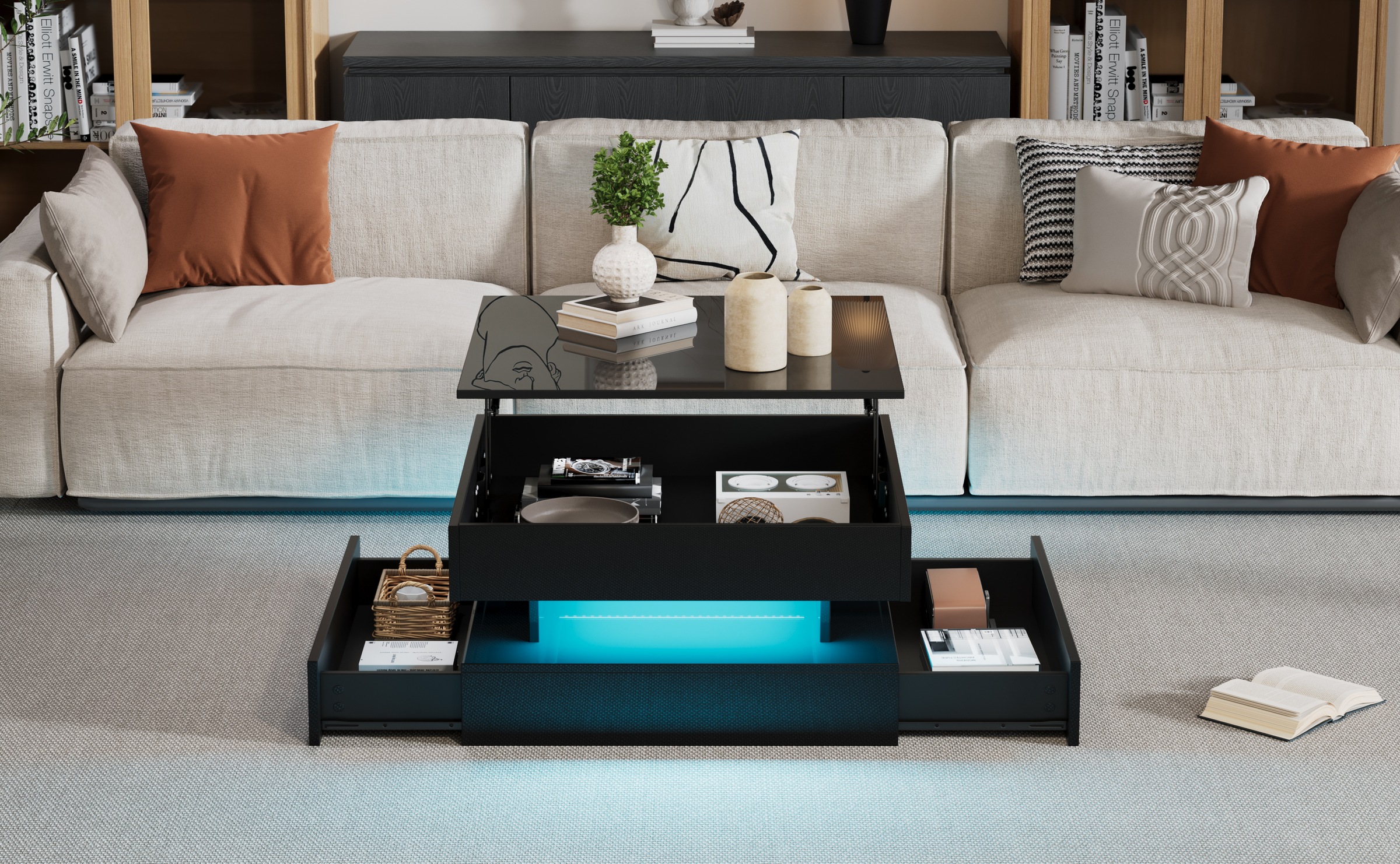Table Basse Noir - Plateau Relevable, 2 Tiroirs, Éclairage LED Connecté, Rangement Intégré - Panneaux de Particules - 65×65×38.5cm 4