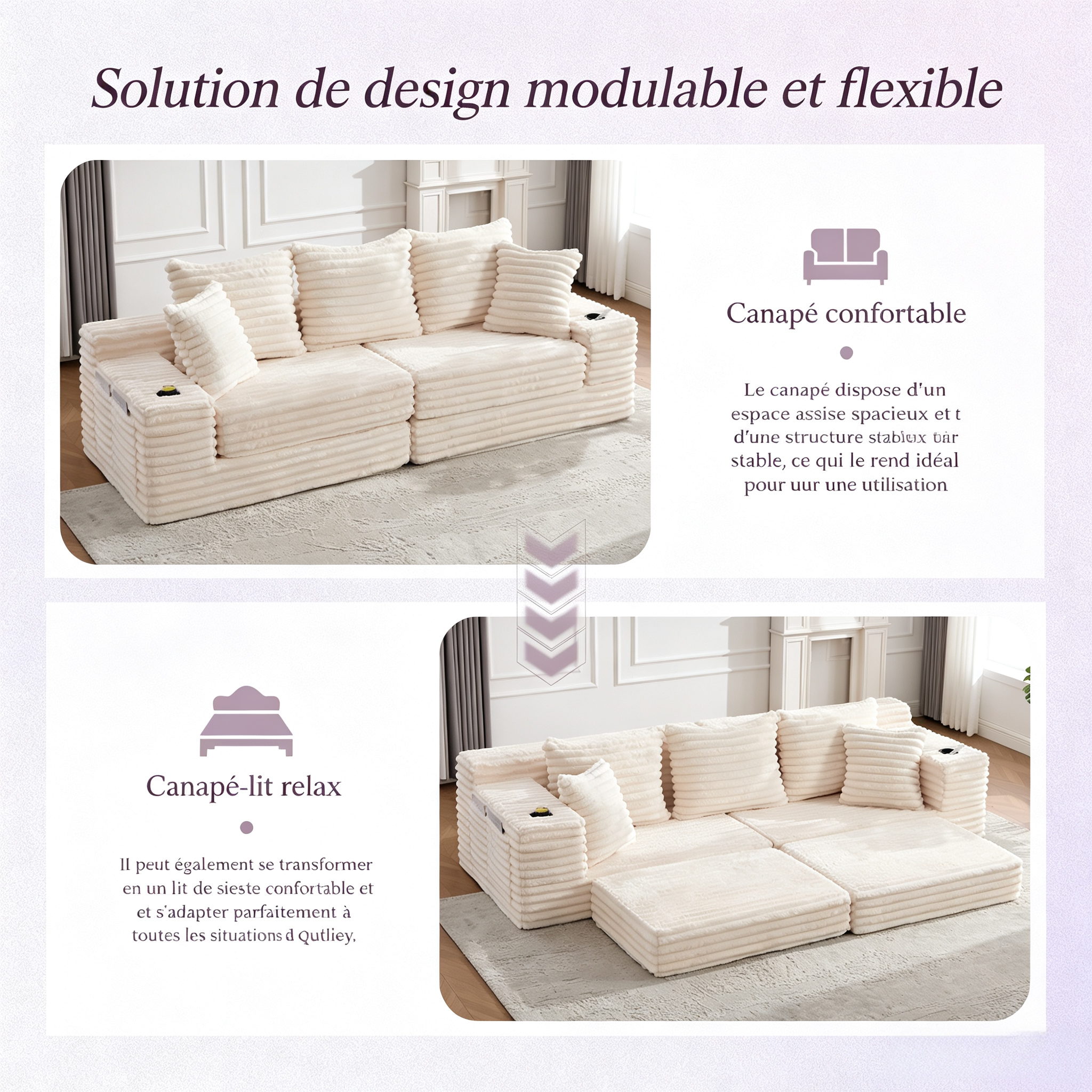 Canapé compressible beige en corduroy avec coussins latéraux - vue 4