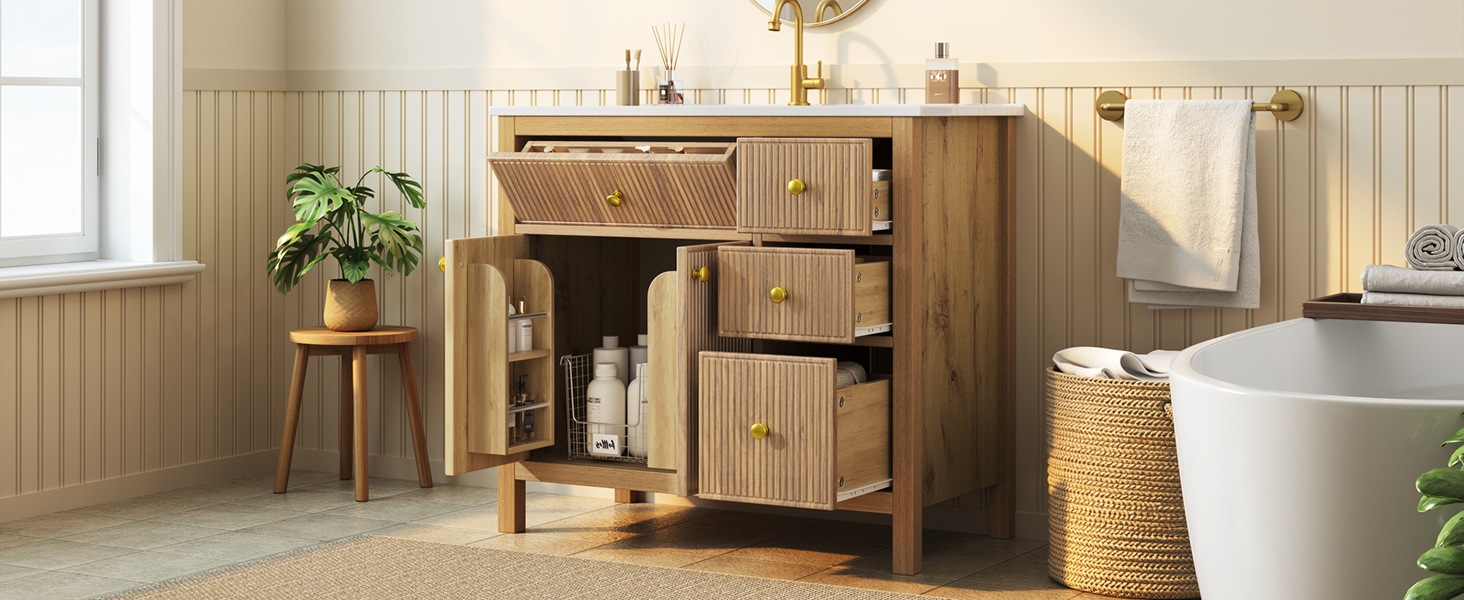 Meuble Vasque Bois Naturel - Lavabo en Céramique Intégré, 4 Tiroirs, 2 Portes - Céramique, Bois Massif et MDF - 91×48×88cm 6