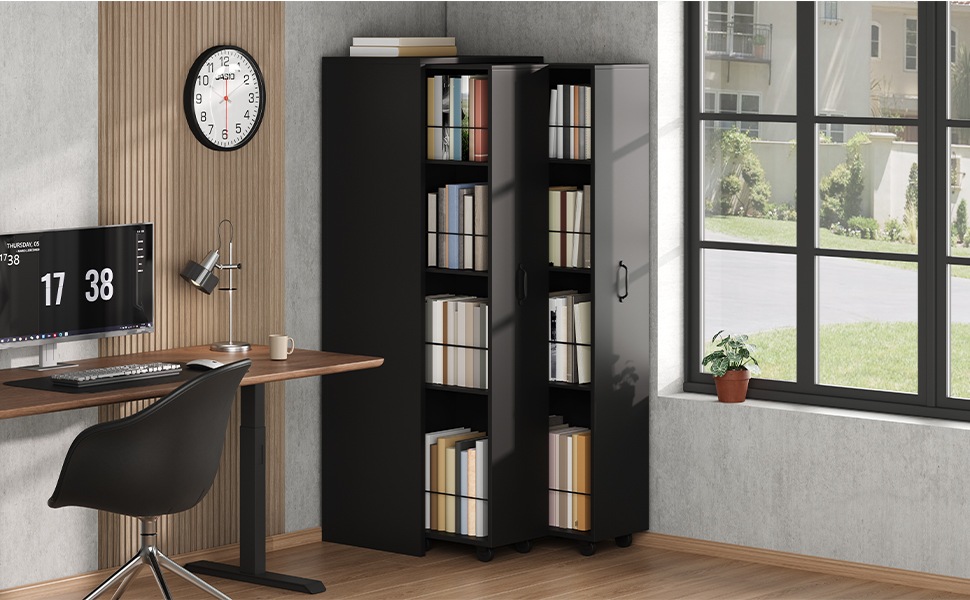 Bibliothèque Noir - Tiroirs, Étagères, Avec Roulettes - MDF - 51.5×41×158cm - Salon et Salle à Manger 1