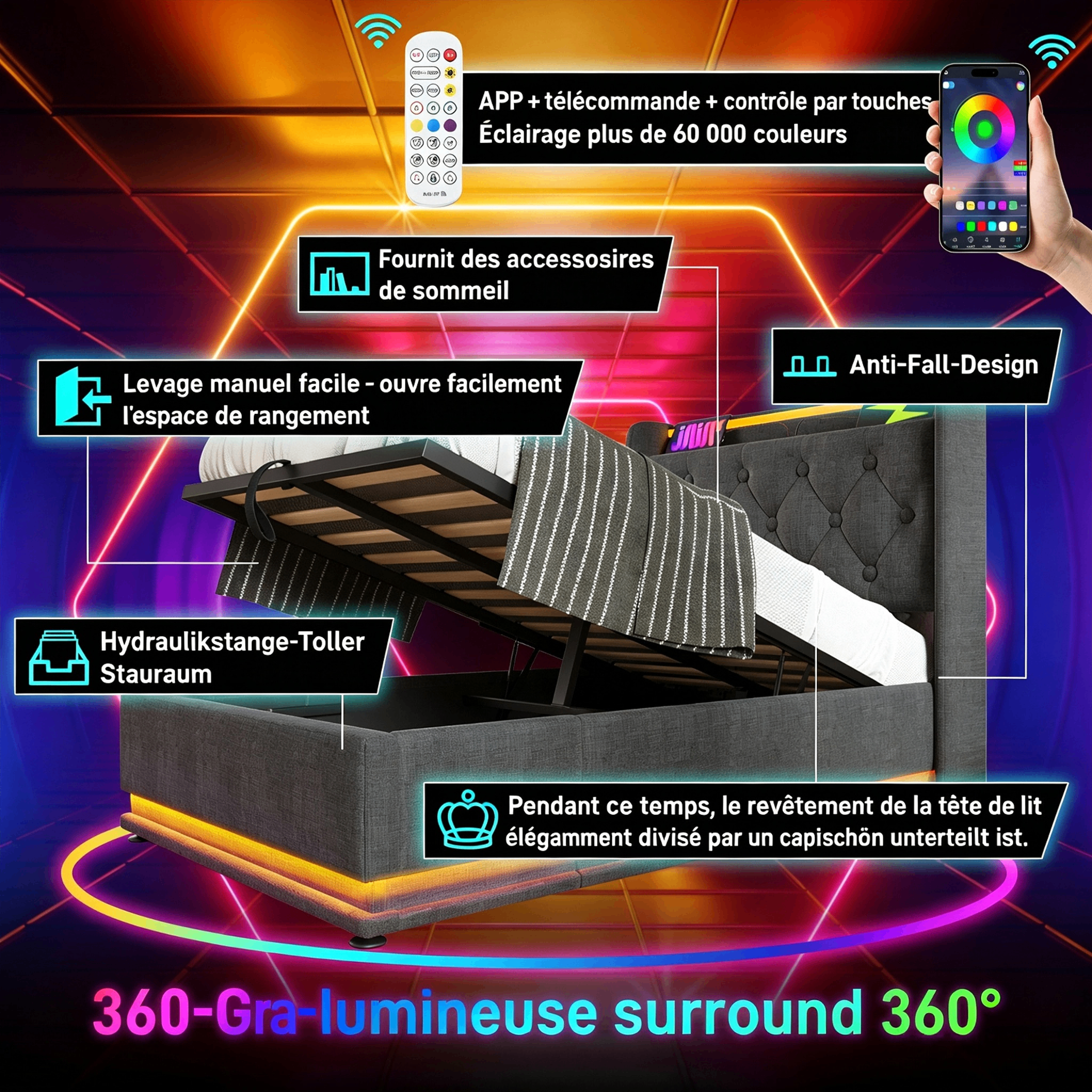 Lit rembourré simple 90 x 200 cm, LED 360°, USB Type-C, coffre hydraulique, lin gris, 220 x 104 x 104 cm