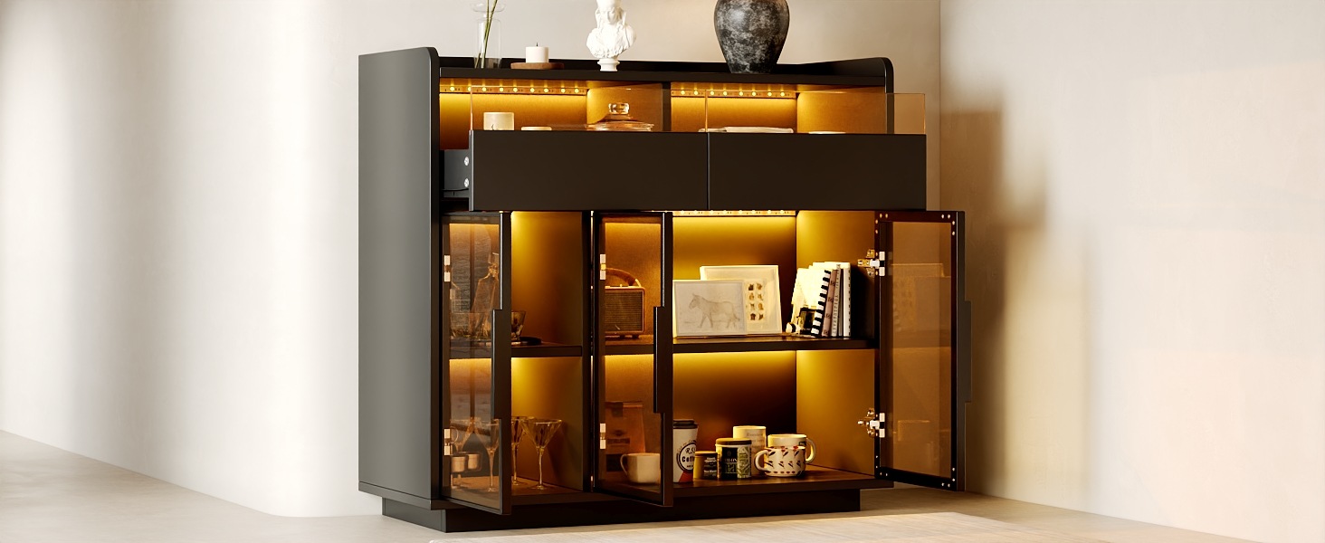 Vitrine Haute Noir - Éclairage LED, 2 Tiroirs, Portes en Verre, Éclairage Connecté - MDF - 100×40×91.5cm - Salon et Salle à Manger 6
