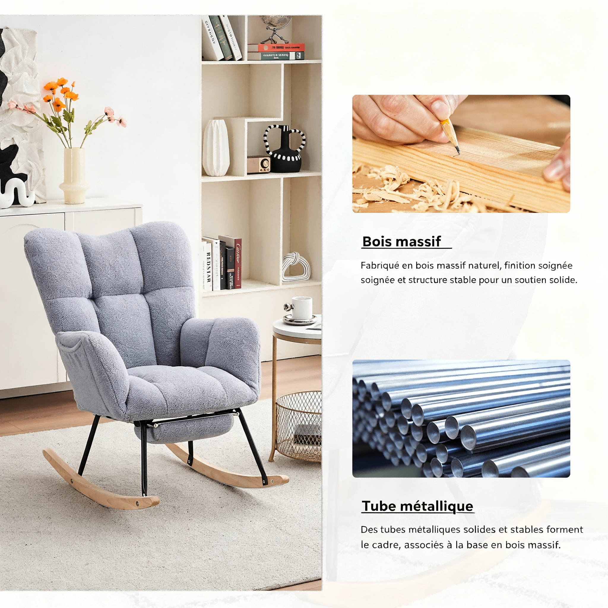 Fauteuil à bascule gris en Teddy - vue 3