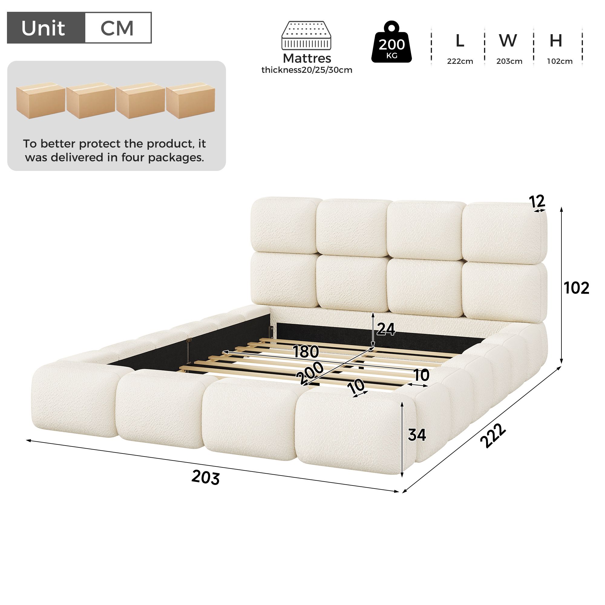 Lit double rembourré en bouclé 180 x 200 cm, sommier à lattes, tête de lit épaisse, design arrondi, Blanc - détails
