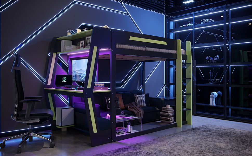 Lit mezzanine gamer 120×200 cm - Bureau gaming - Espace PC - Rangement - LED - Structure métal - Noir et vert 4