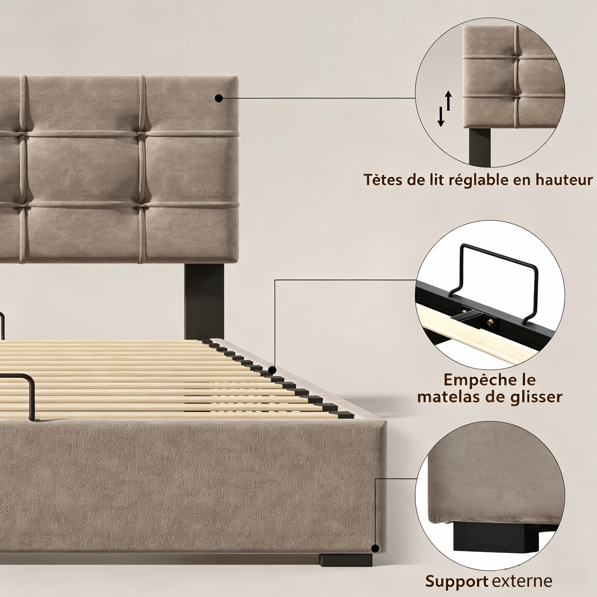 Lit rembourré double 140 x 200 cm, tête réglable, coffre hydraulique, matelas inclus, velours gris clair, 203 x 146 x 107 cm