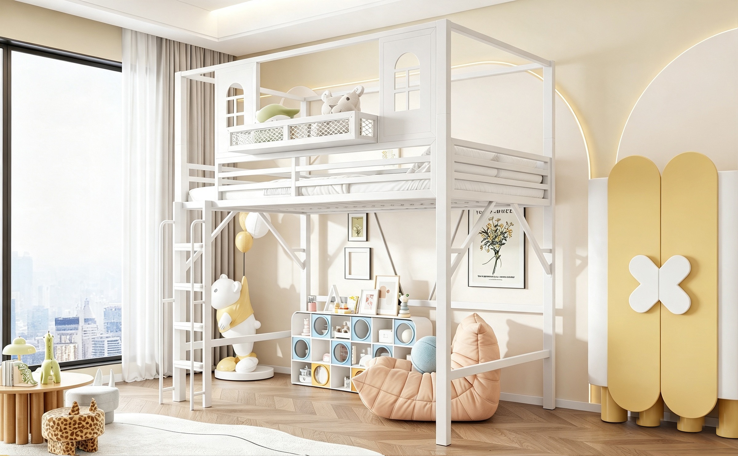 Lit superposé enfant 90×200 cm - Toit maisonnette - Structure métal - Échelle sécurité - Espace de jeu - Rangement intégré - Blanc 3