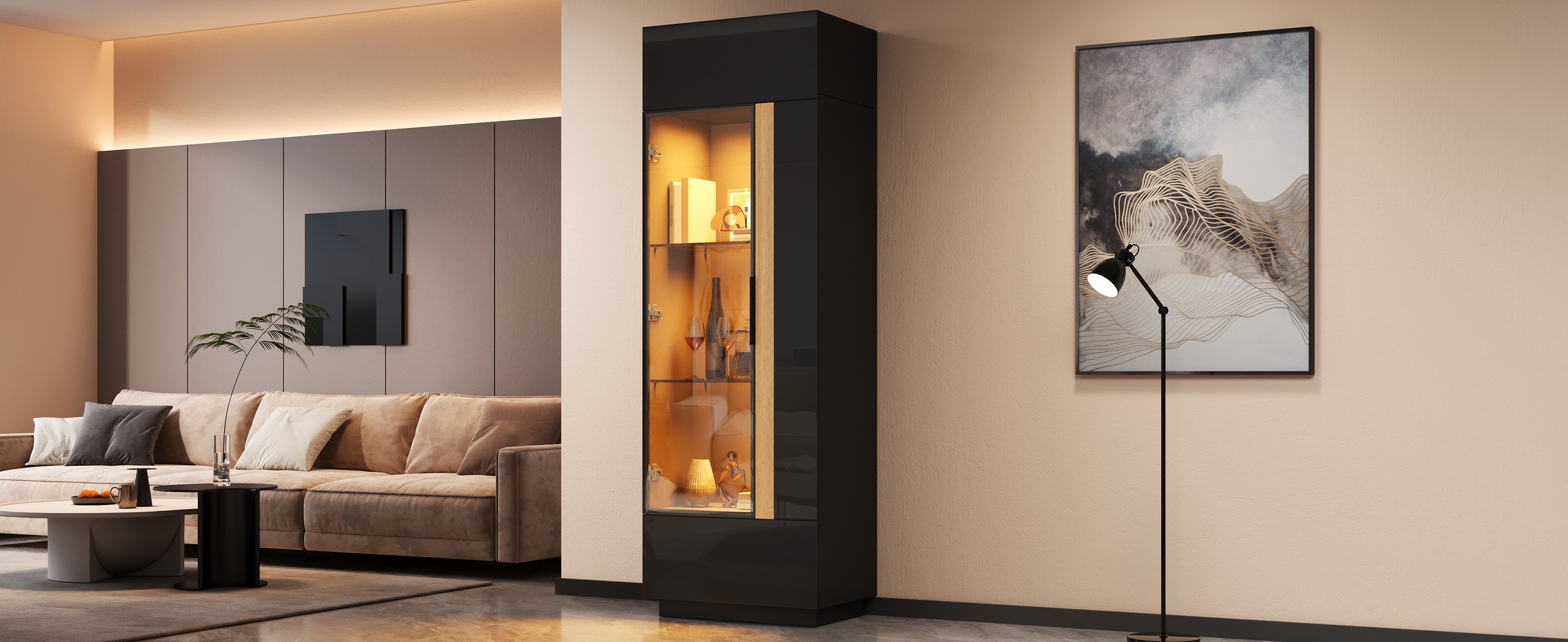 Vitrine Haute Noir - Éclairage LED, Portes, Portes en Verre, Éclairage Connecté - Panneaux de Particules - 60×40×180cm 1