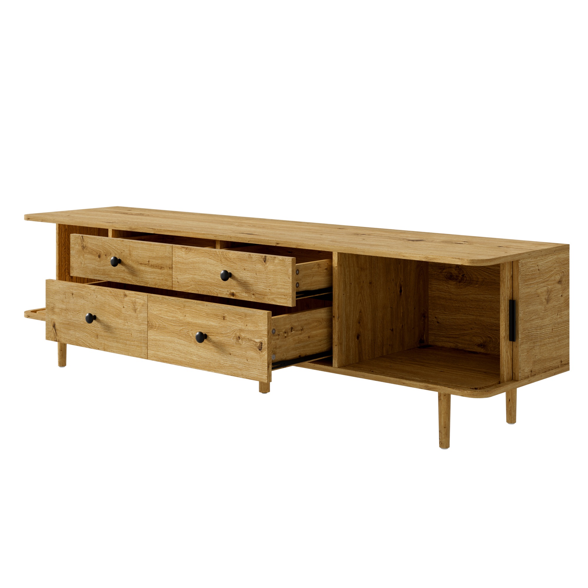 Meuble TV Bois, 4 Tiroirs, Rangement, Gestion des Câbles, Portes Coulissantes, Angles Arrondis - MDF - 165x40x46cm - Salon 4