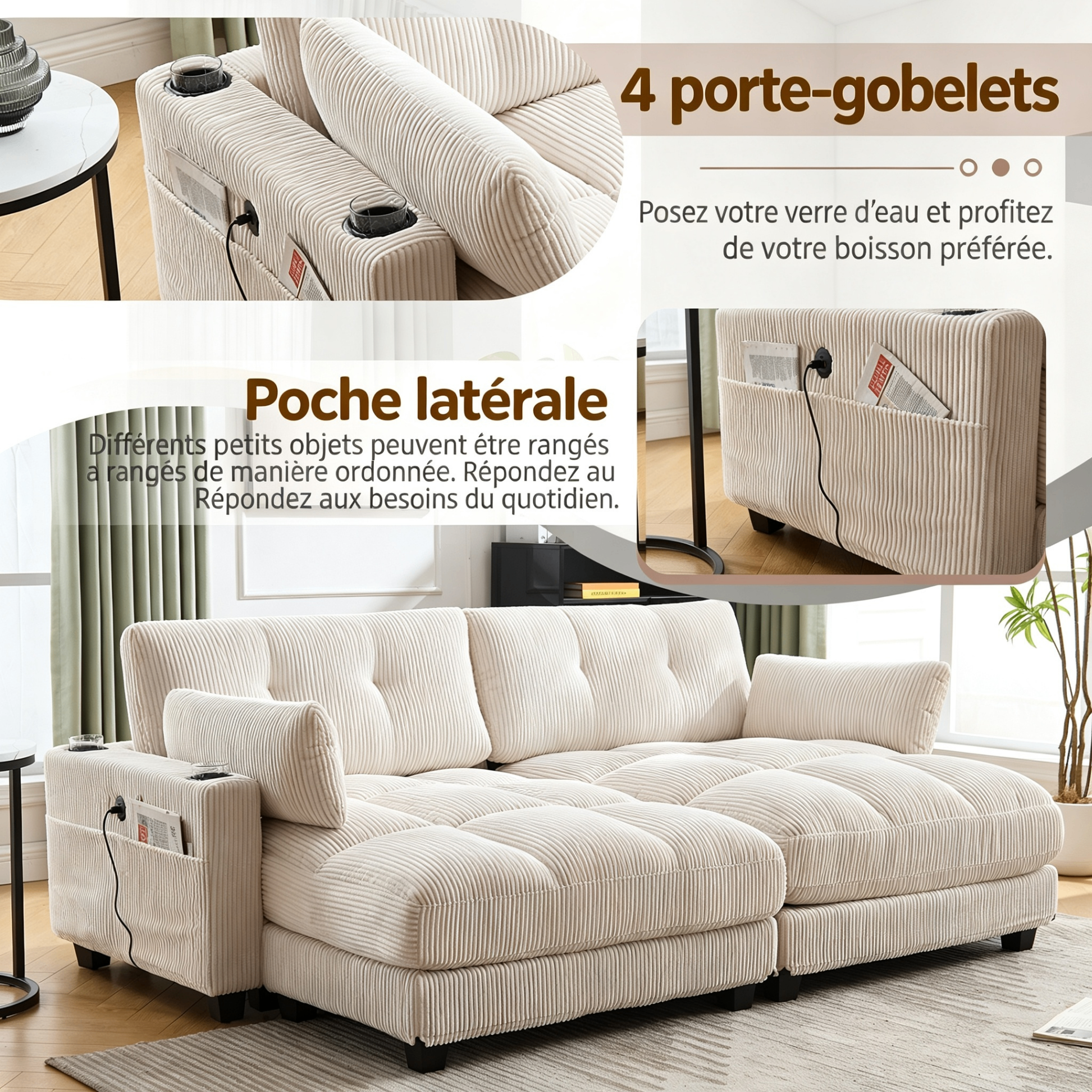 Canapé 2 places beige en corduroy divisible en 2 fauteuils - vue 3