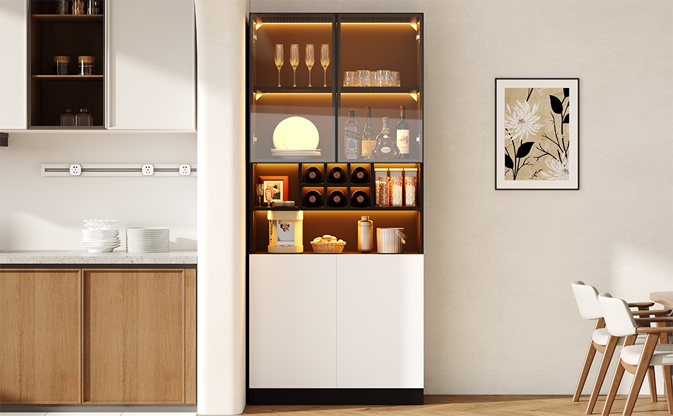 Vitrine Haute Noir - Éclairage LED, 2 Portes, Étagères, Portes en Verre, Rangement à Vin - Panneaux de Particules - 80×30×180cm 2