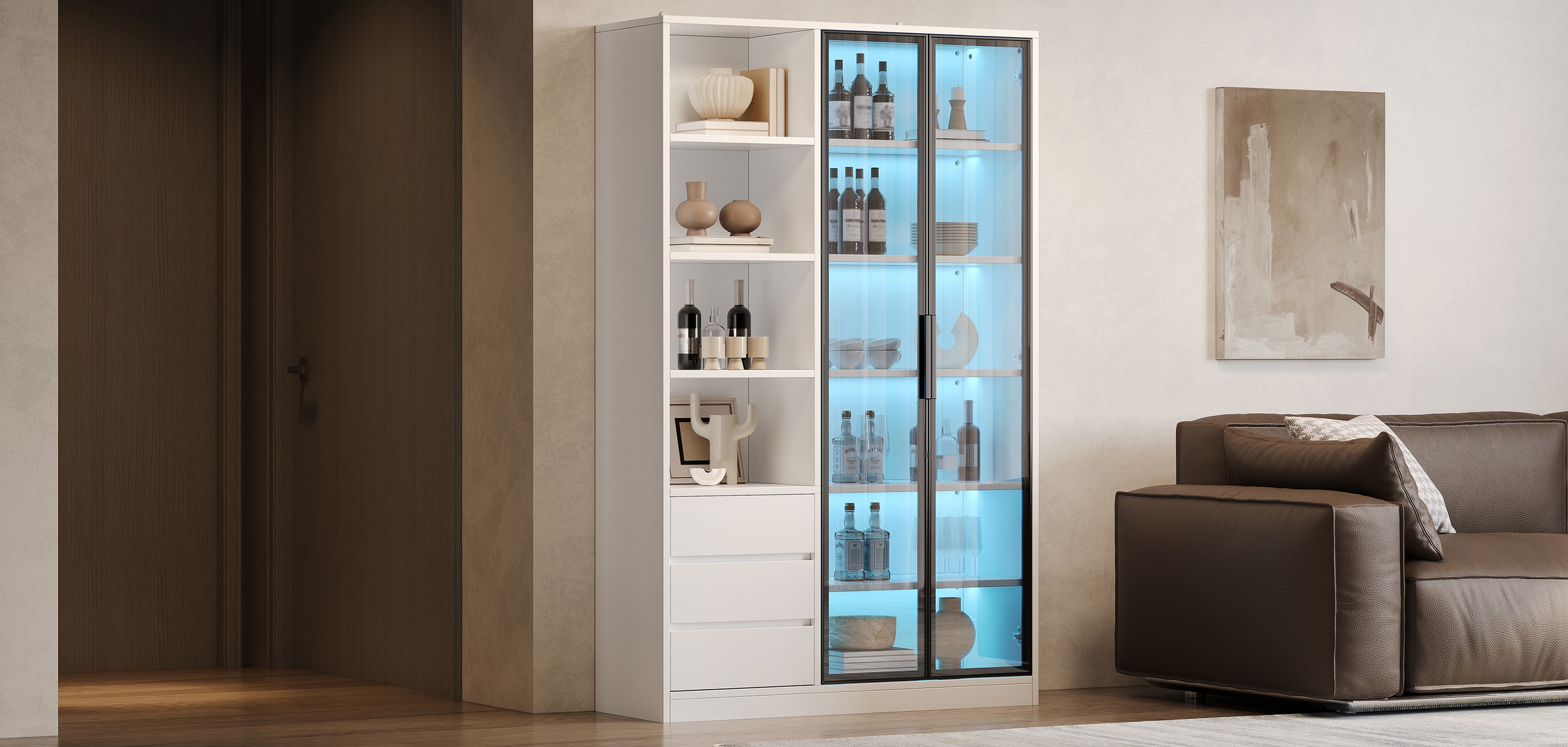 Vitrine Blanc - Éclairage LED, 3 Tiroirs, Portes, Étagères, Portes en Verre - MDF et Panneaux de Particules - 100×35×160cm 1