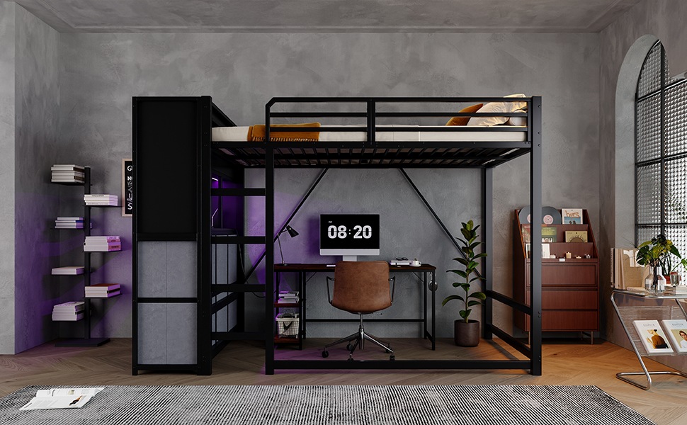 Lit mezzanine 120×200 cm - Structure métal - Échelle - Rangement latéral - Tiroirs tissu - LED - Chargeur - Noir 4