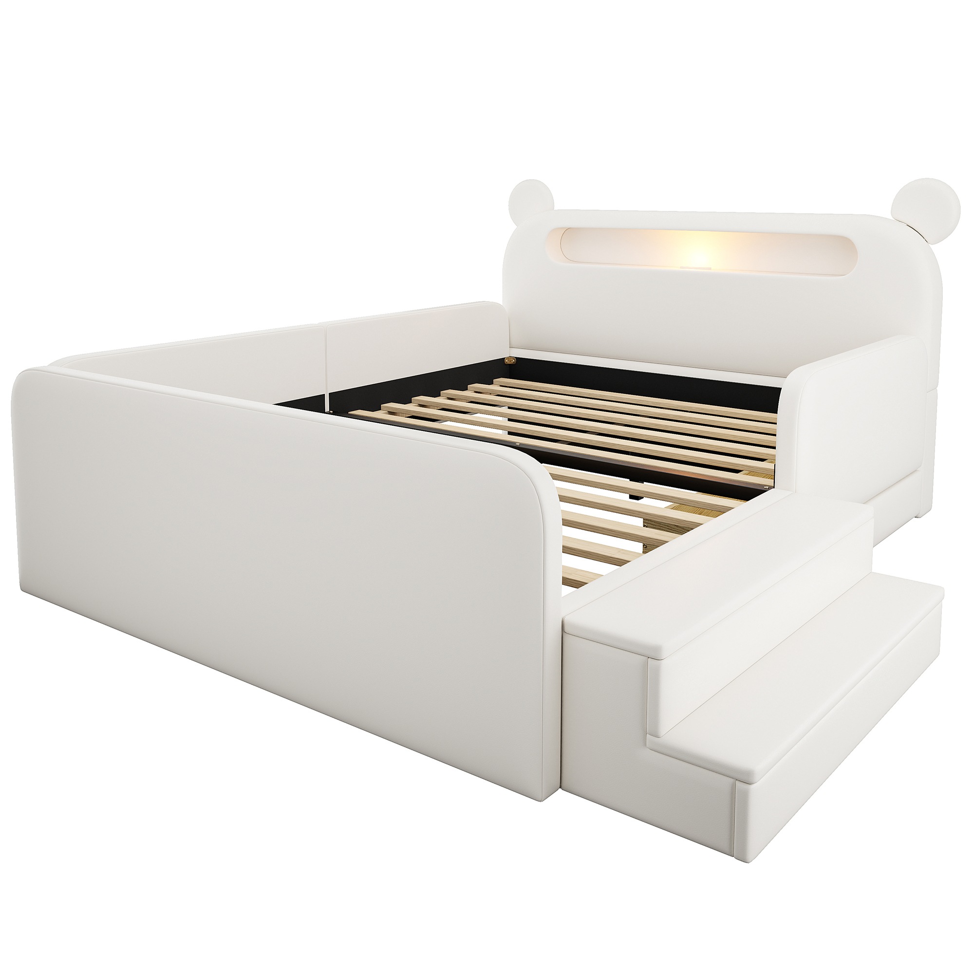 Lit enfant 140×200 cm - Tête de lit Ours - Veilleuse - USB - Rangement intégré - Marche d appoint - Simili cuir - Blanc 5