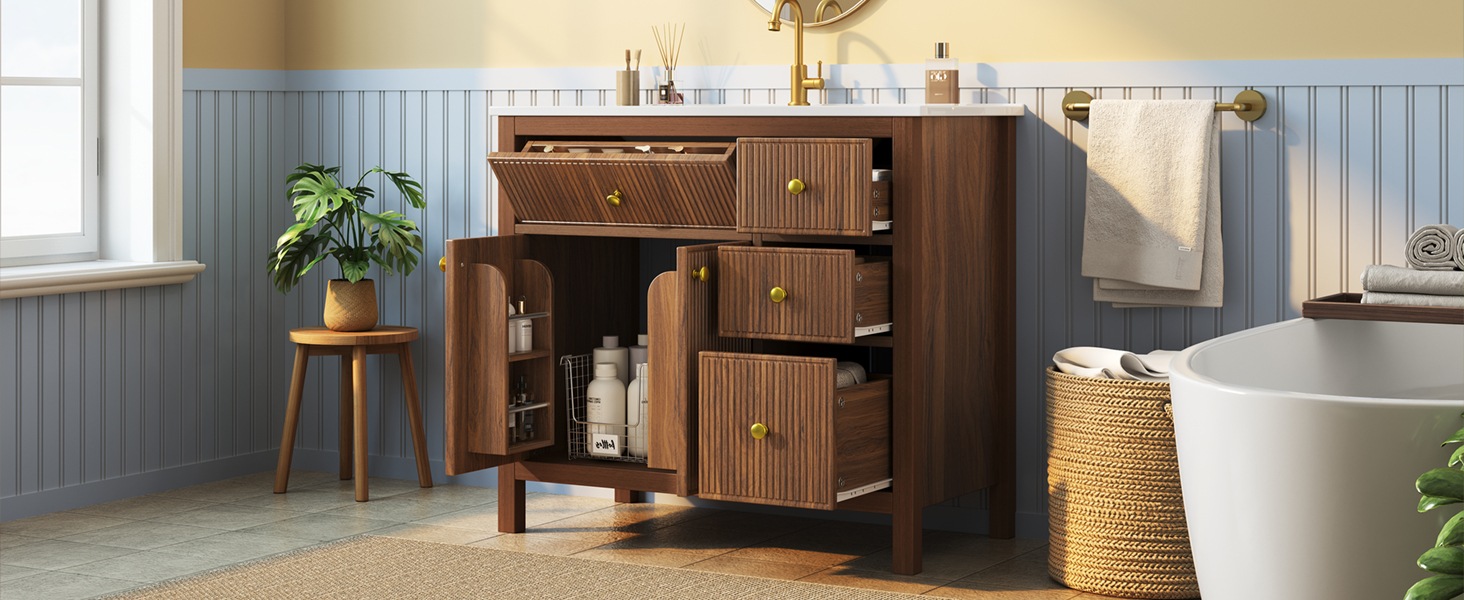 Meuble de Salle de Bain Noyer, Rangement, Fermeture Douce, Plan Relevable - MDF et Bois - 91x48x88cm - Salle de Bain 6
