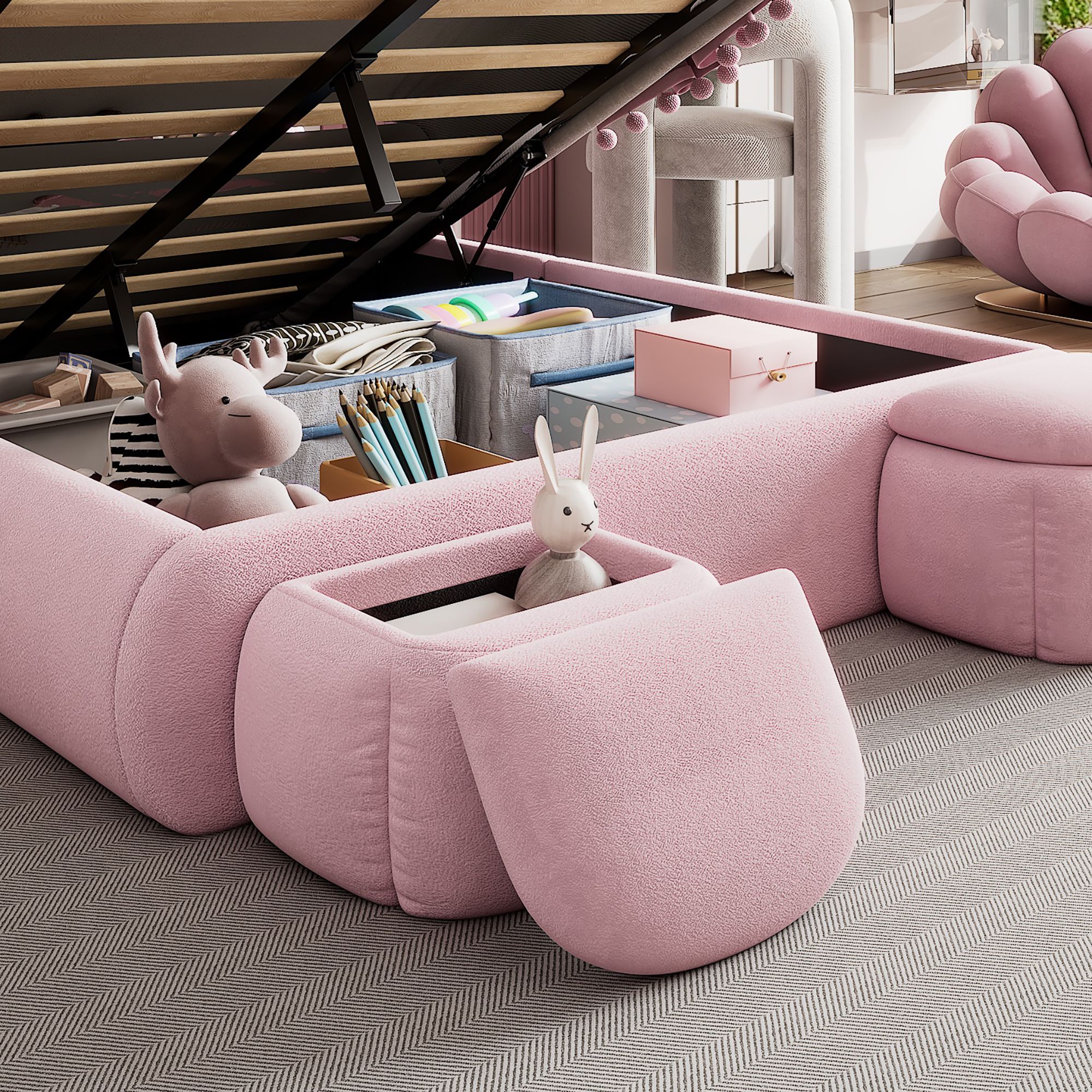 Lit double capitonné rose avec levage hydraulique et tête de lit lapin LED, 140x200 cm 5