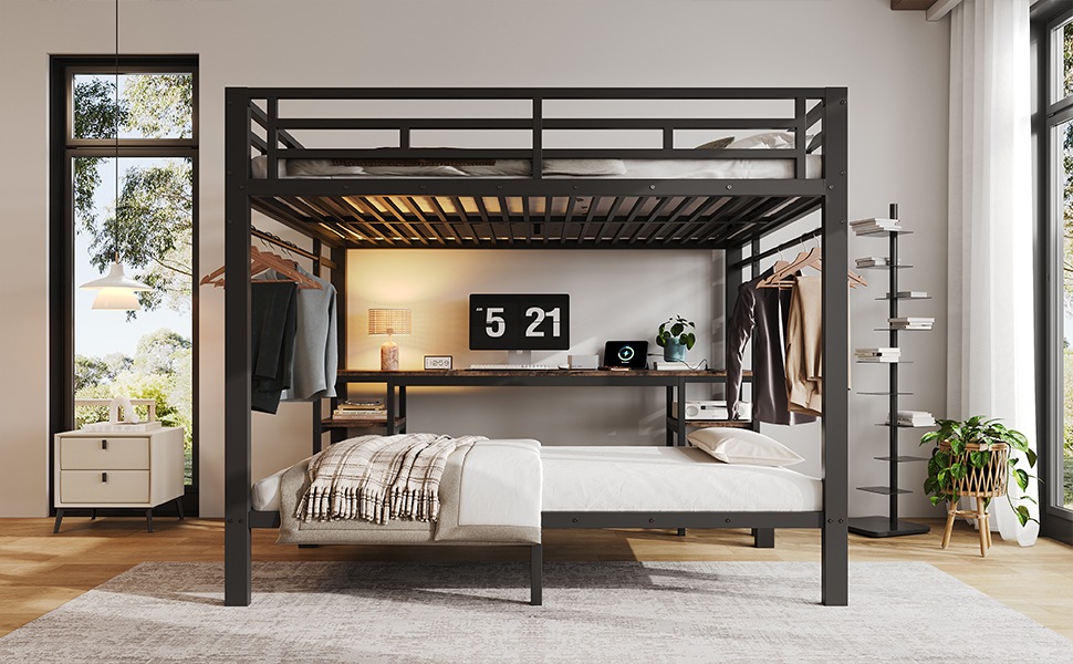 Lit Superposé Noir et Bois Vintage - 2 Couchages, Couchages 90x200 et 140x200, Échelle Réversible - Métal et Bois - 204×145×170cm 3