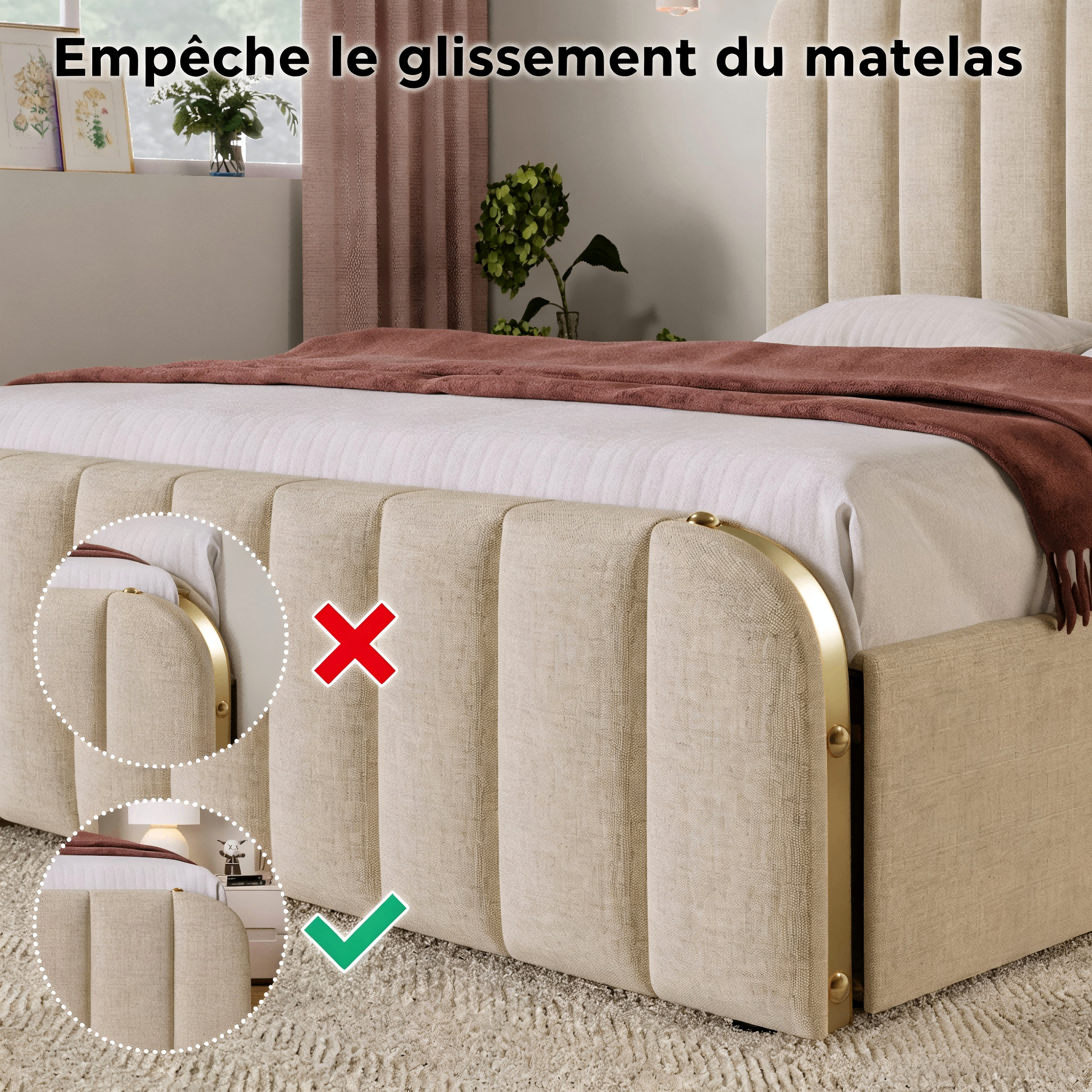 Lit rembourré double 140 x 200 cm, tête dorée, USB Type-C, coffre hydraulique, lin beige, 216 x 150 x 101 cm