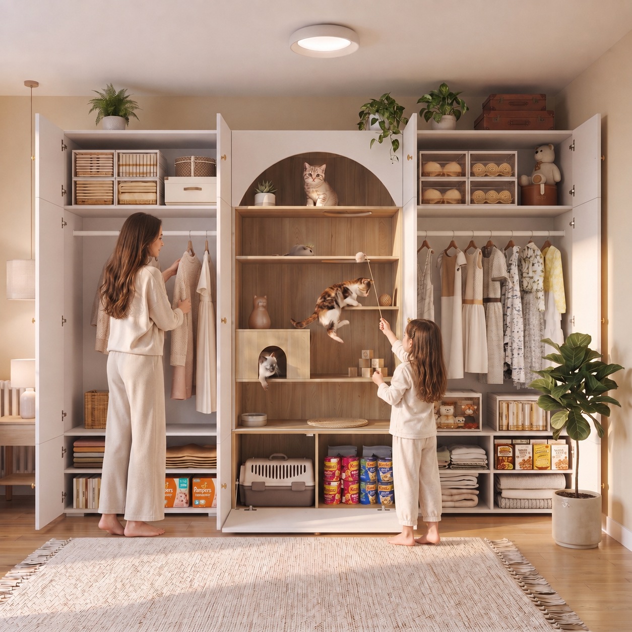 Armoire pour Chat Blanc, Mur d Escalade, Cave pour Chat, Coussin Confort - Panneaux de Particules et Bois - 270x50x200cm - Maison 5