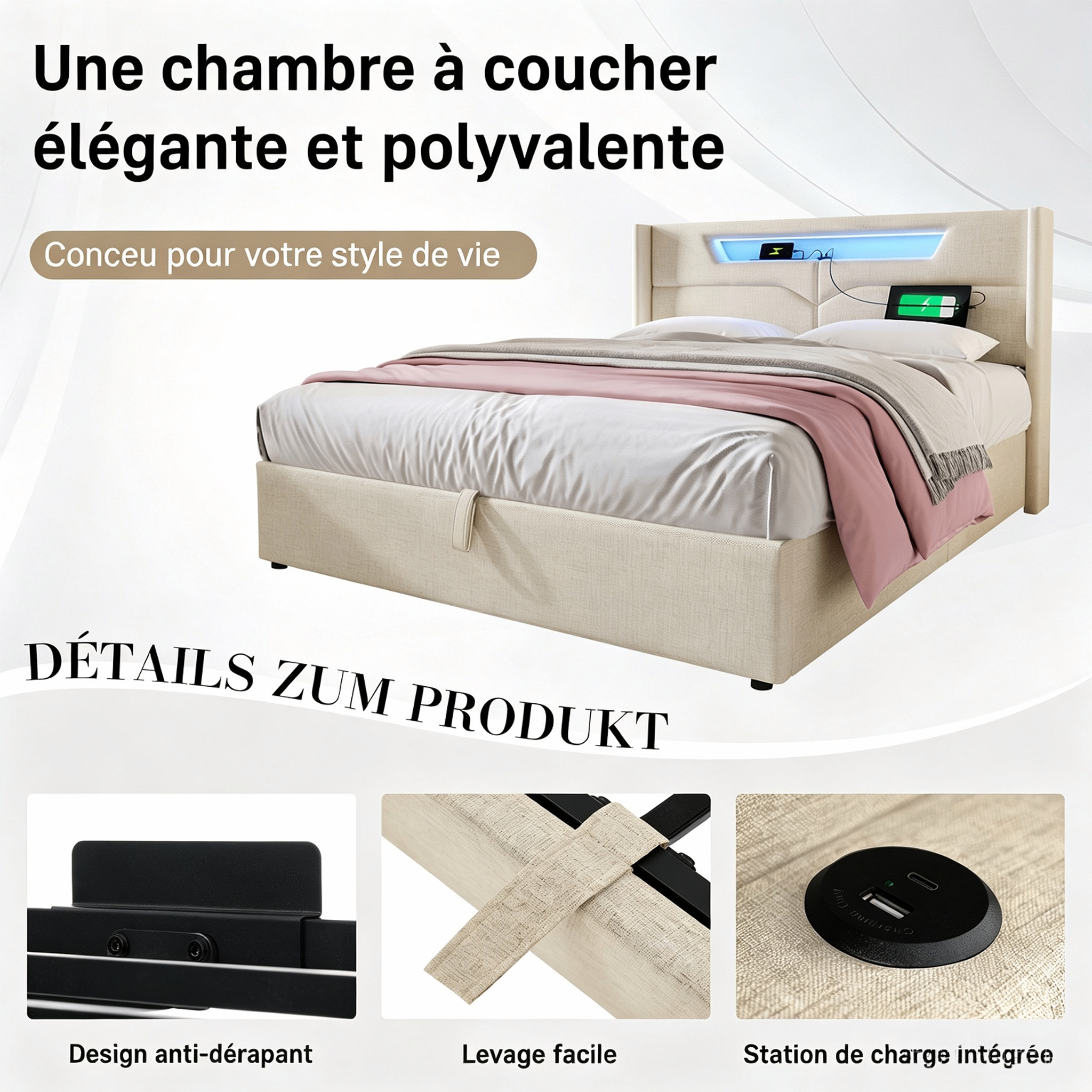 Lit rembourré double 140 x 200 cm, tête LED, USB Type-C, coffre, lin beige, 212 x 148 x 109 cm